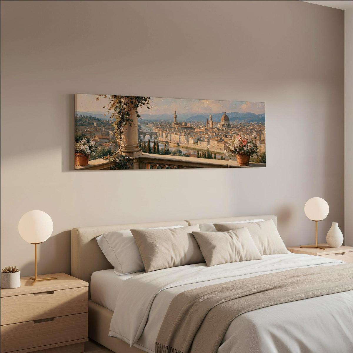 Florence skyline from a flowered balcony wide panoramic canvas print above a bed in a neutral bedroom