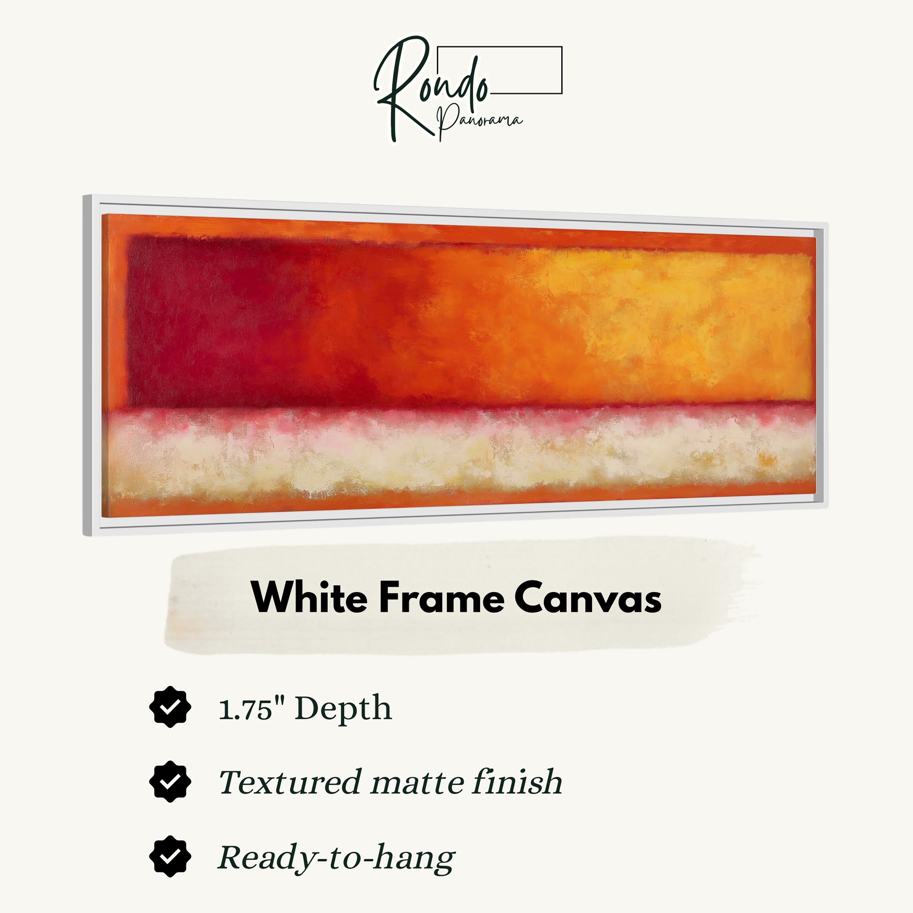 The image is a white frame canvas with a red and orange abstract painting on it.