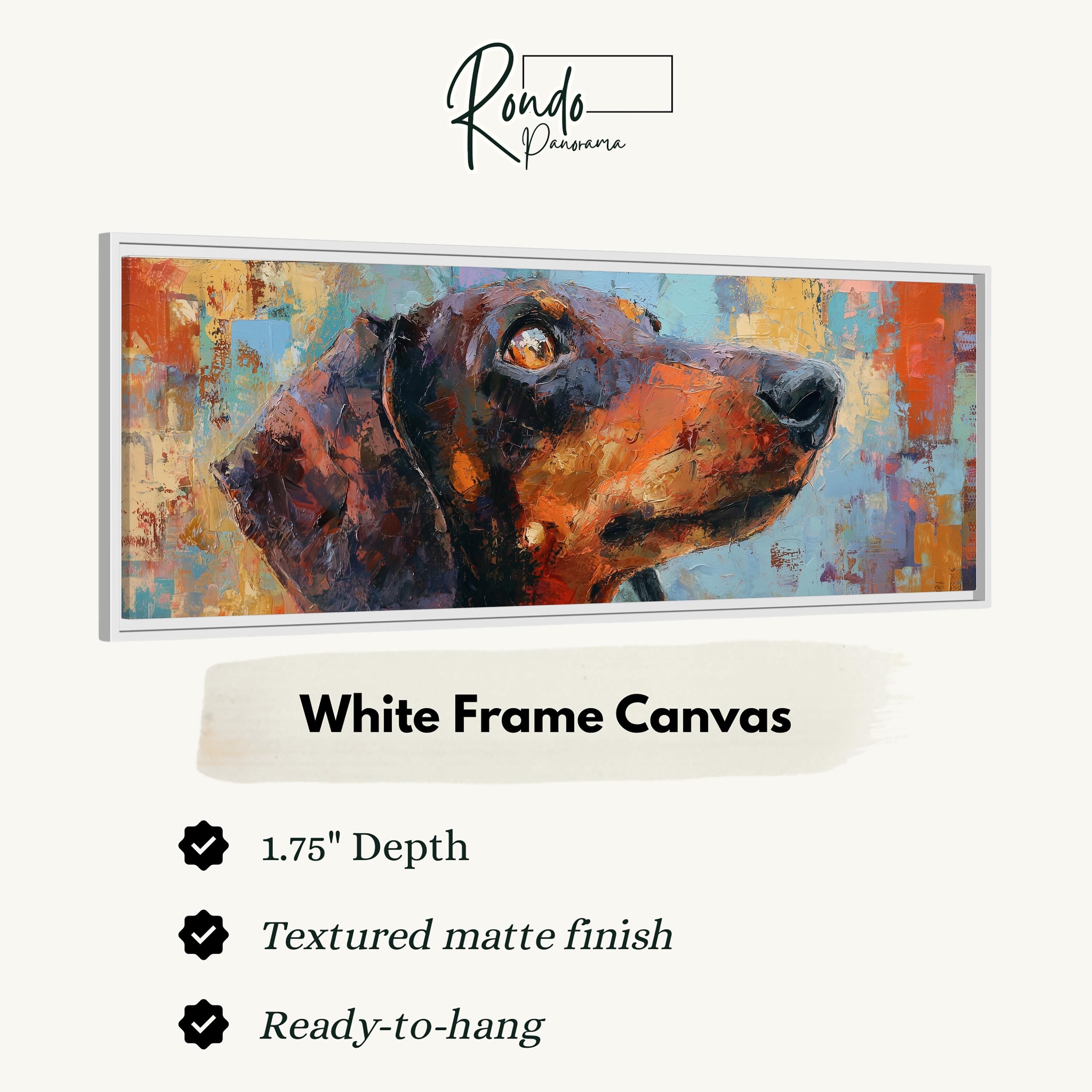 The image is a white frame canvas featuring a close-up of a dog's head in an abstract painting style.