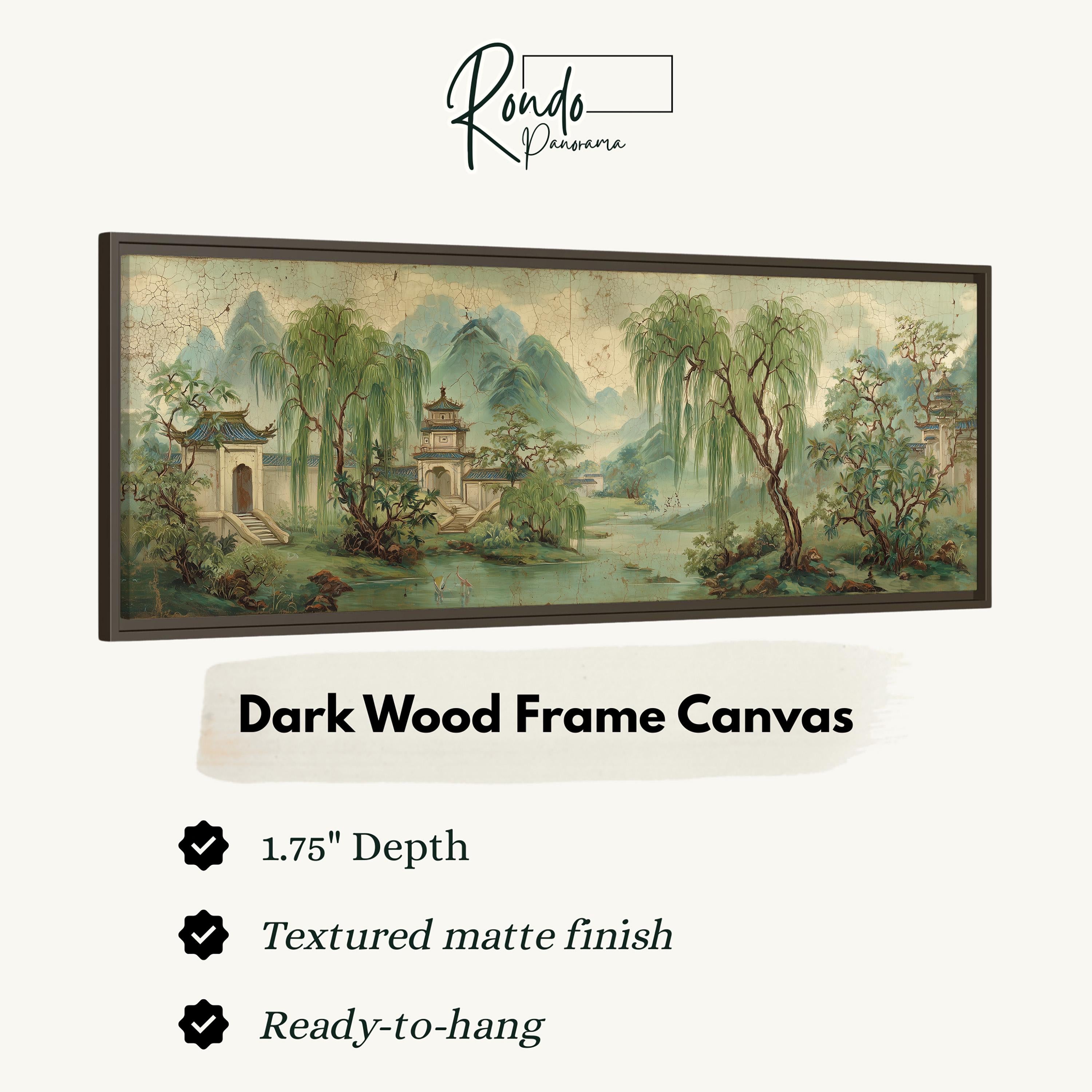 The image is a framed artwork depicting a serene landscape with a temple, trees, and a pond. The artwork is described as a dark wood frame canvas with a 1.75" depth, a textured matte finish, and a ready-to-hang condition.