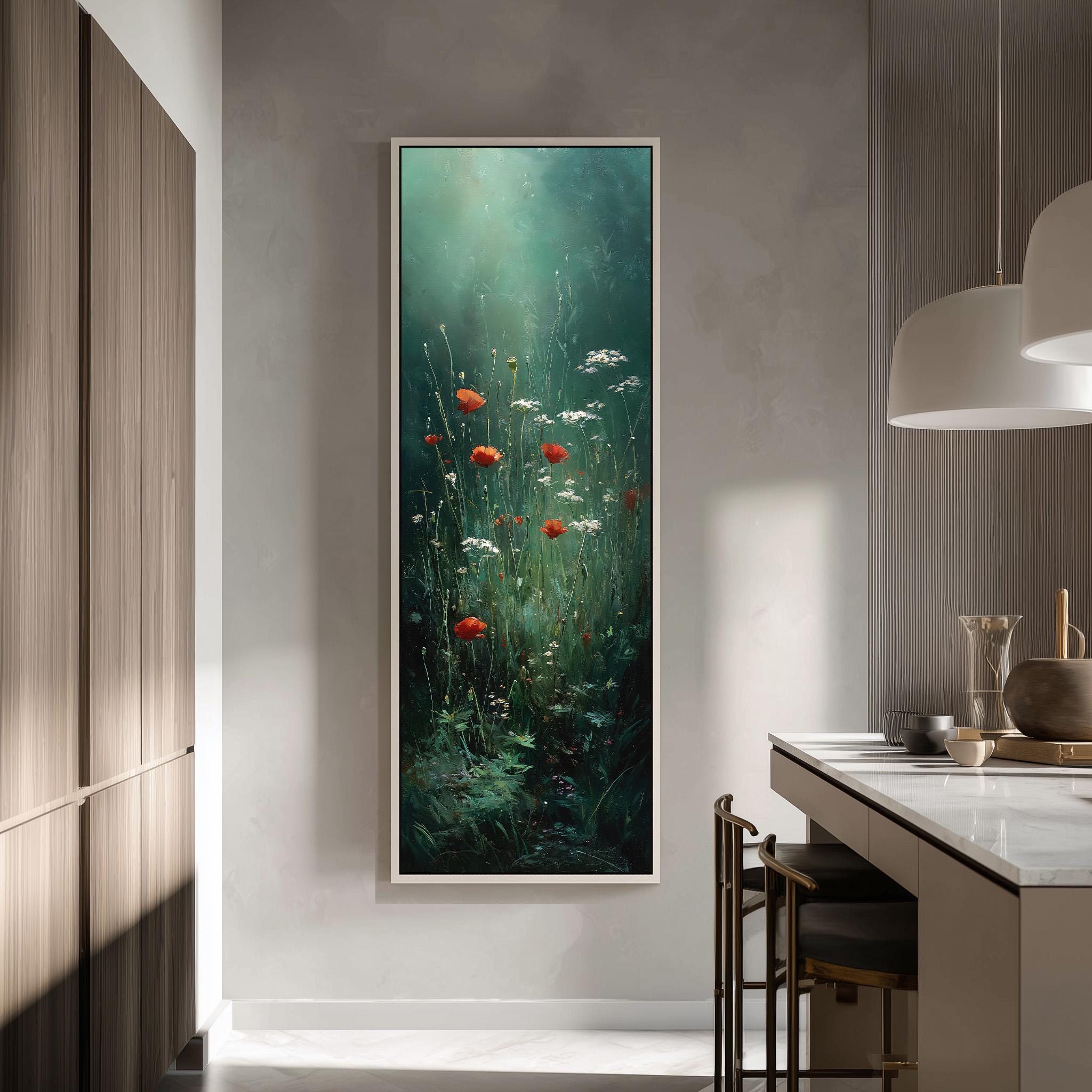 a large painting of red flowers and green foliage hanging on a wall in a modern kitchen.