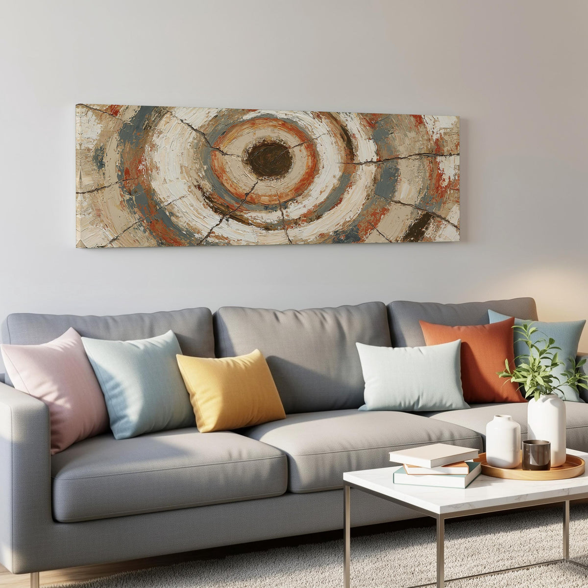 Rust and navy textured tree ring panoramic canvas print above a grey sofa in a living room