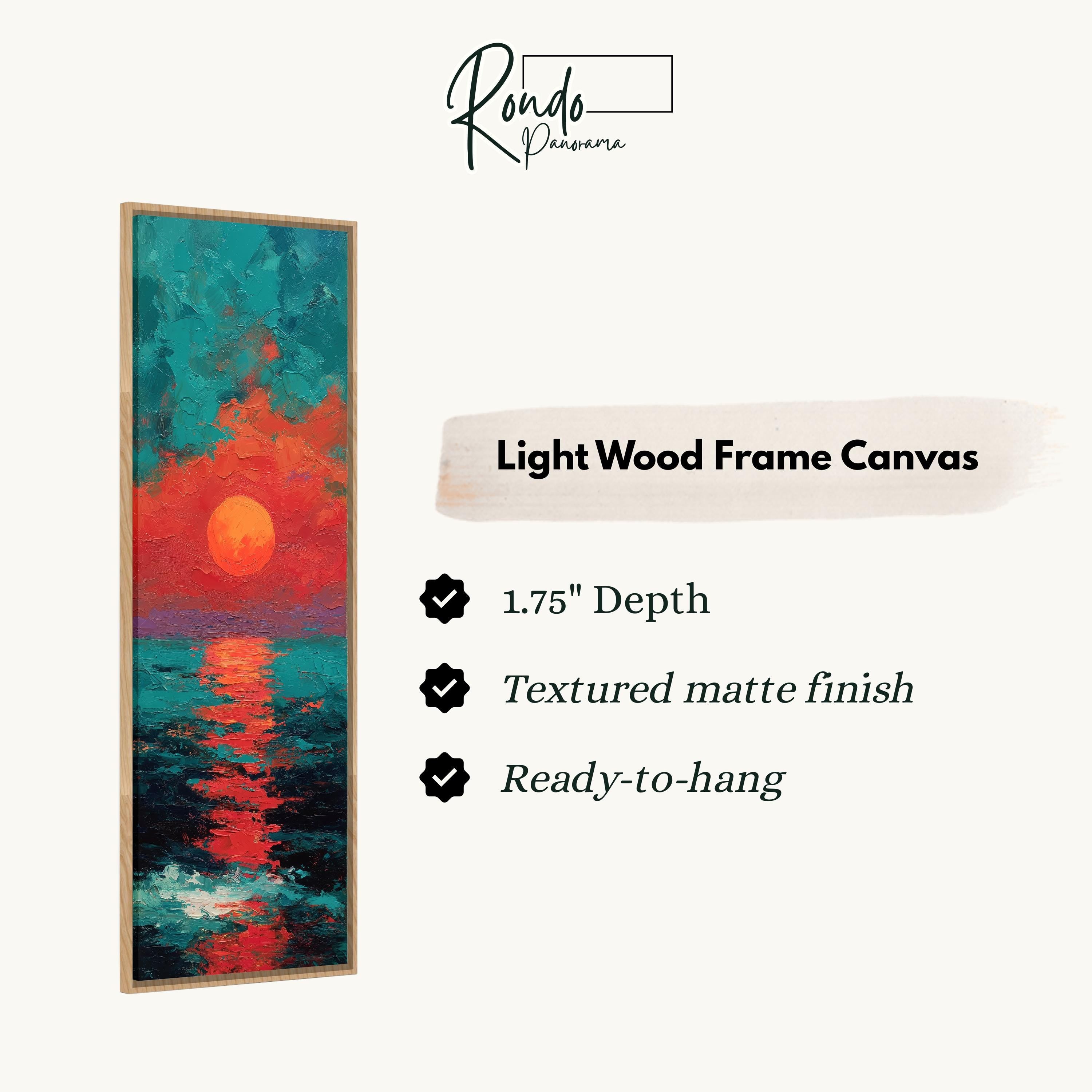 The image is a light wood frame canvas depicting a sunset over water.