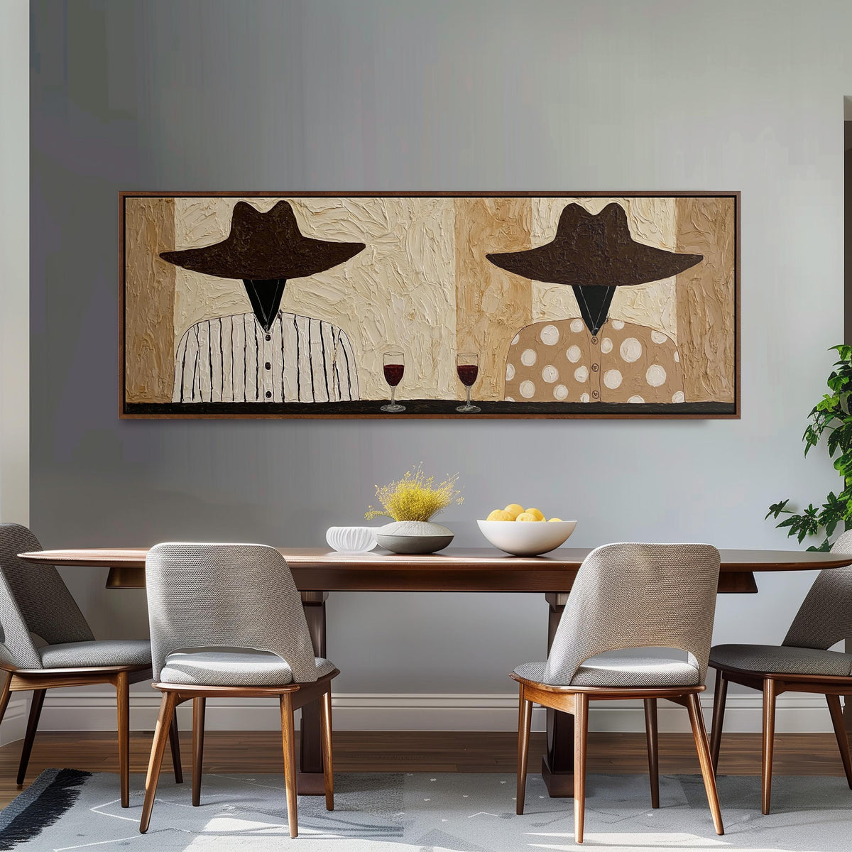 Two folk figures in hats toasting with red wine long horizontal canvas print above a dining table