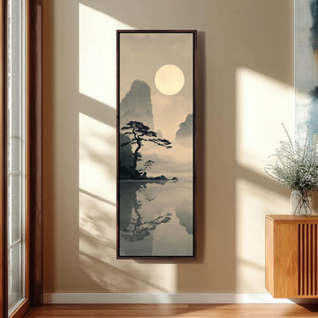 a serene landscape with a large tree reflected in a calm body of water, creating a peaceful and tranquil atmosphere.