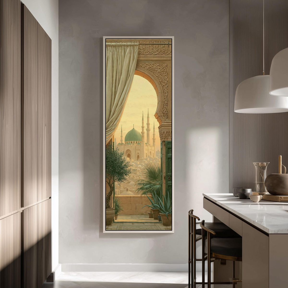 Mosque seen through an ornate arch tall skinny canvas print in a modern kitchen