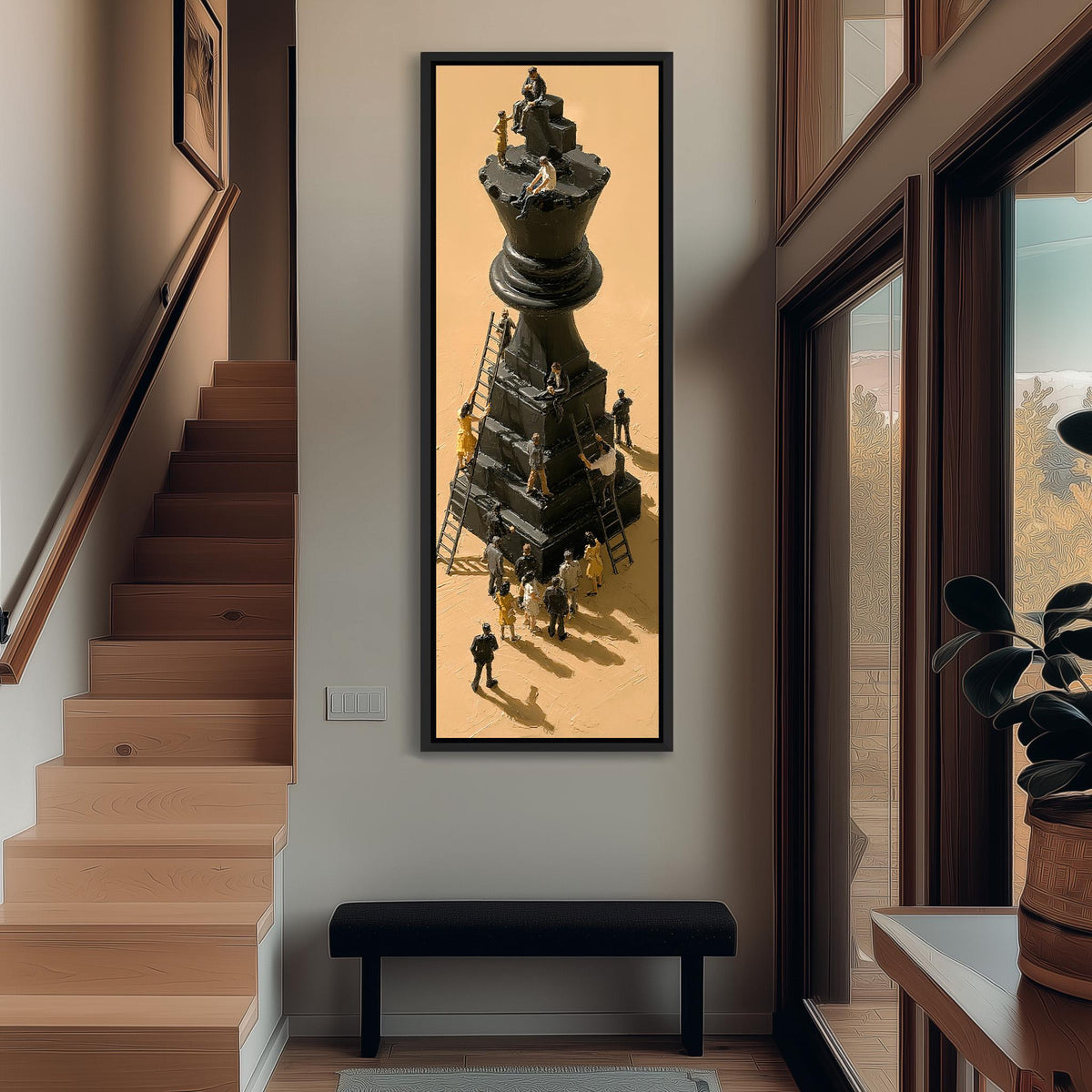 Tiny workers climbing a giant chess king tall narrow canvas print beside a staircase in an entryway