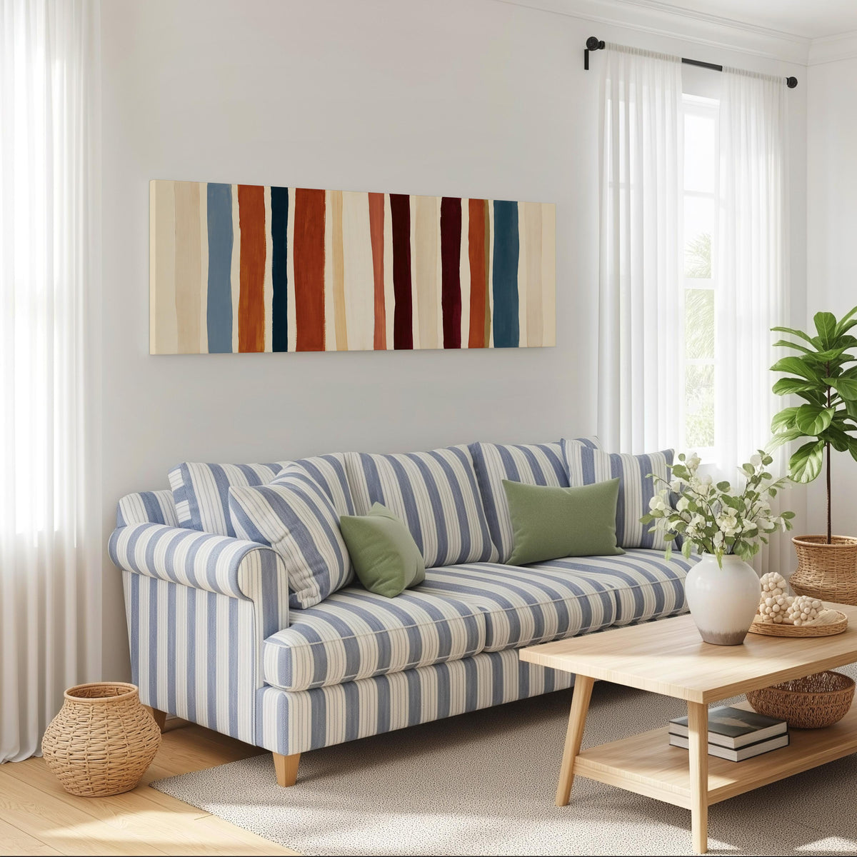 Rust, navy and maroon stripes long horizontal canvas print above a striped sofa in a coastal living room