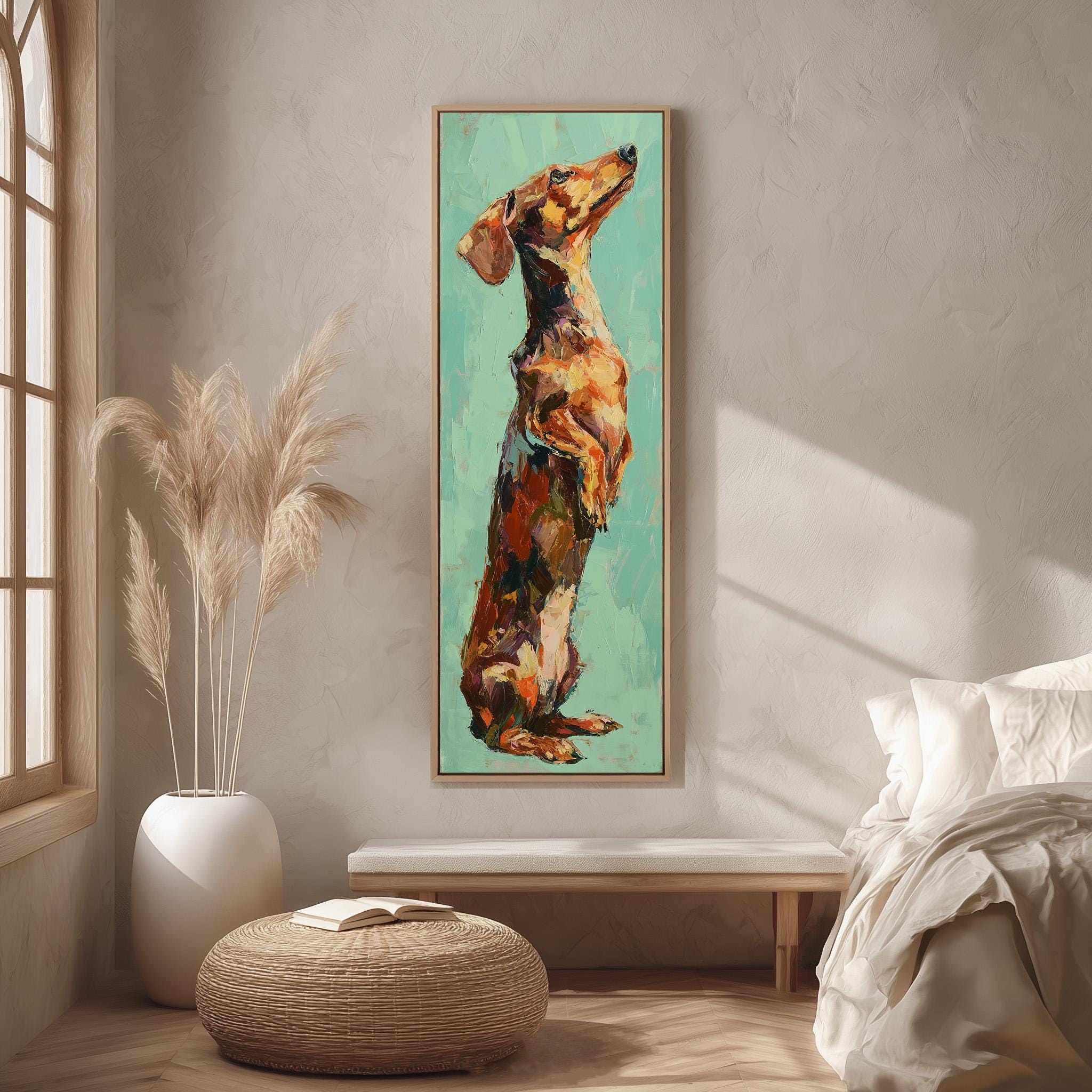 a large painting of a dachshund dog in a vibrant green and orange color palette, hanging on a wall in a cozy living room setting.