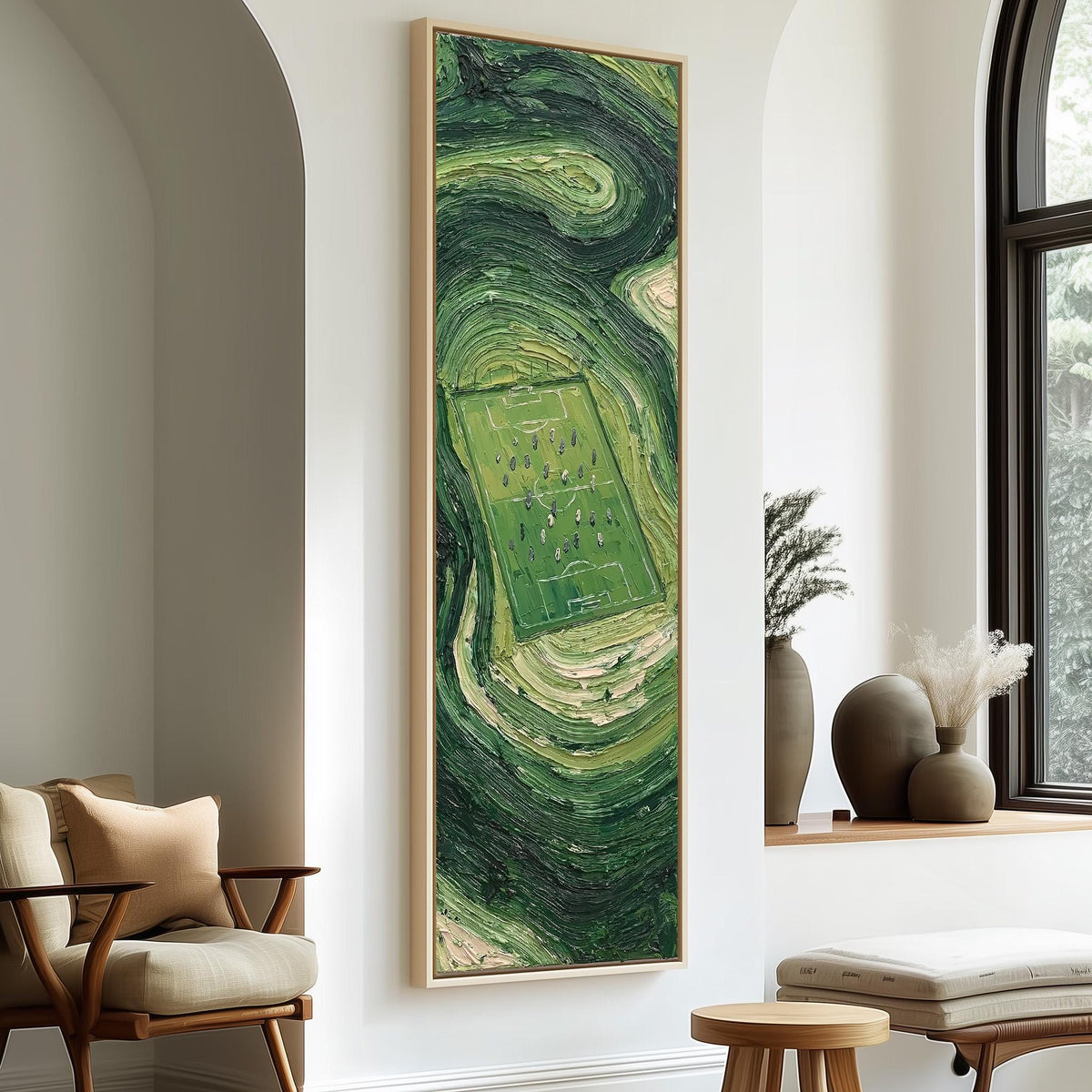 Aerial soccer field surrounded by swirling green tall skinny canvas print in a sunlit living space