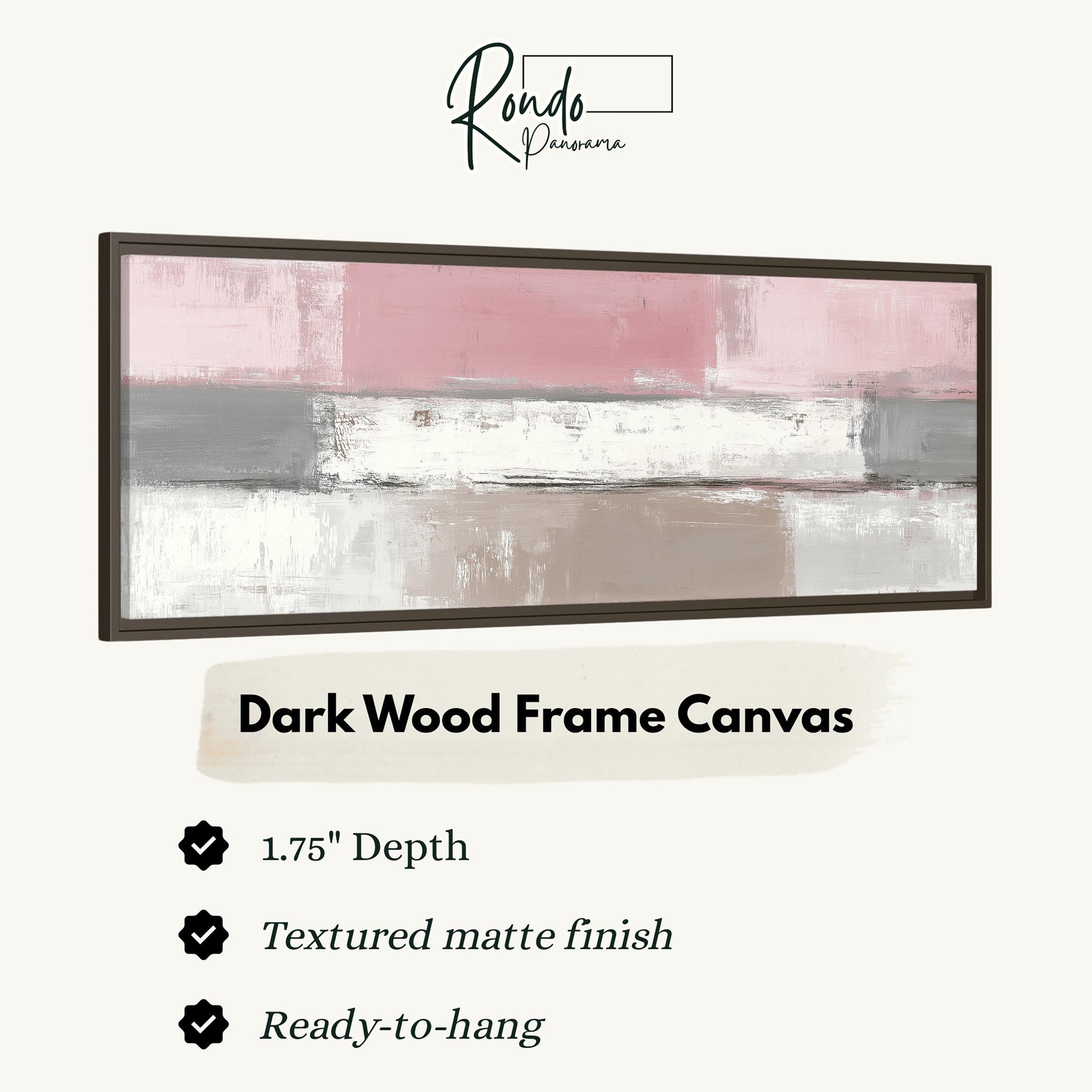 The image is a product advertisement for a dark wood frame canvas. It features a large abstract painting with a pink and white color scheme. The advertisement highlights the canvas's 1.75" depth, textured matte finish, and ready-to-hang feature.