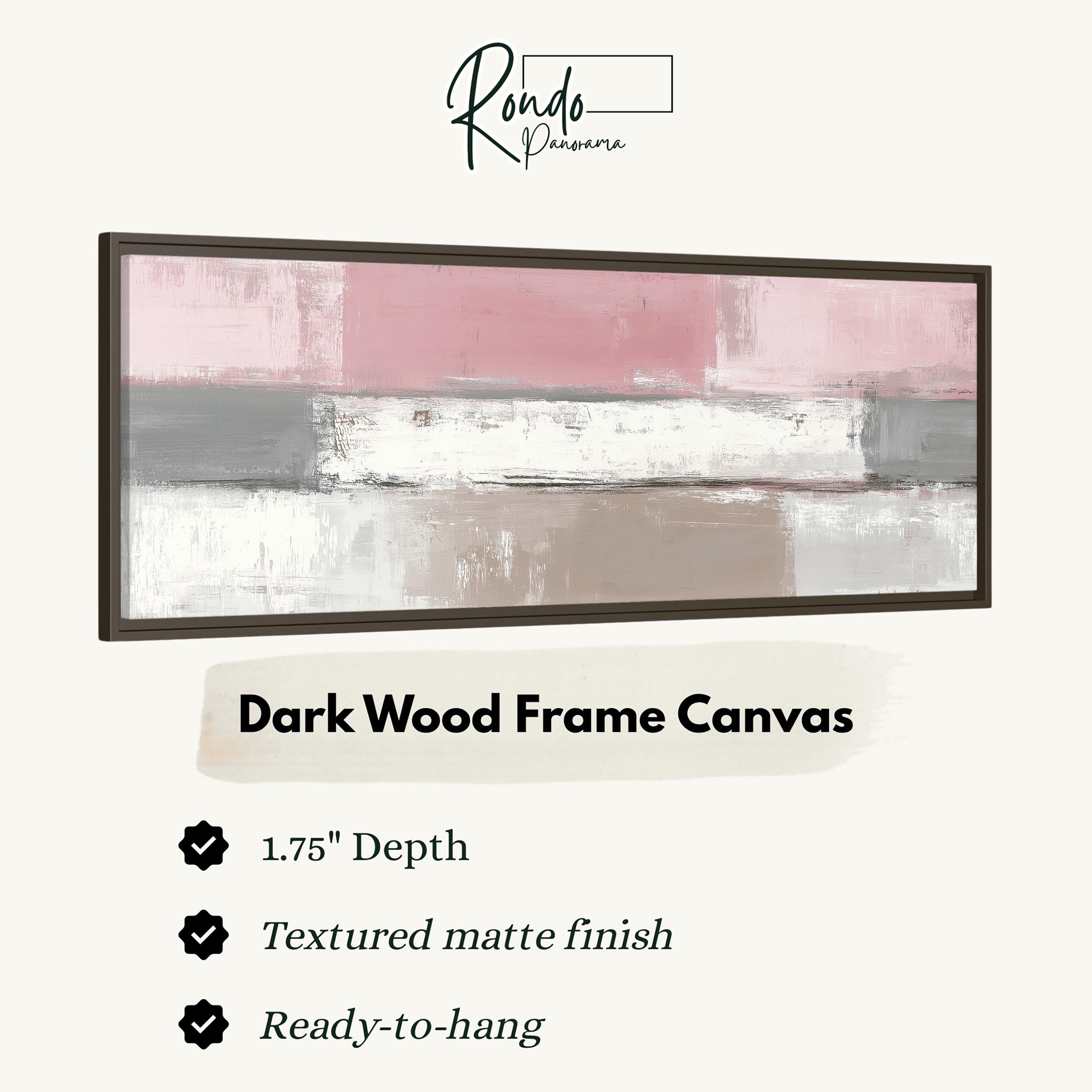 The image is a product advertisement for a dark wood frame canvas. It features a large abstract painting with a pink and white color scheme. The advertisement highlights the canvas's 1.75" depth, textured matte finish, and ready-to-hang feature.