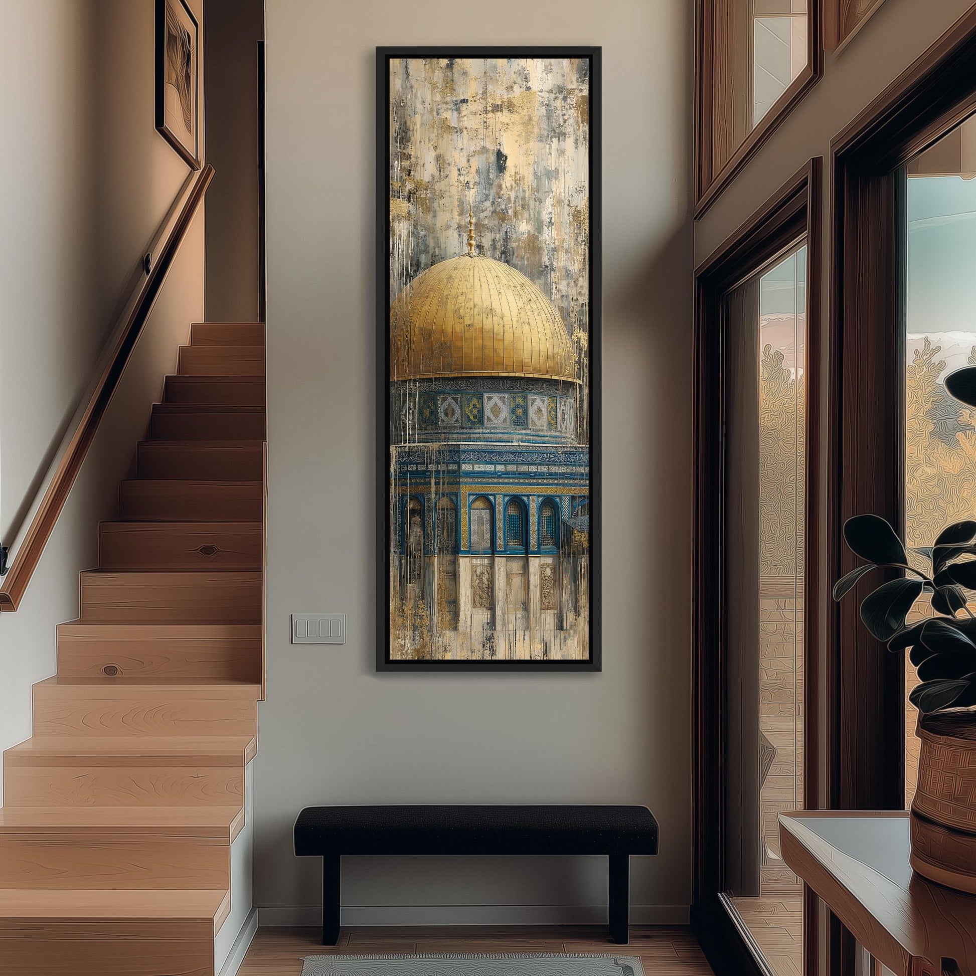 a large painting of a domed building with intricate architectural details, hanging on a wall in a hallway.