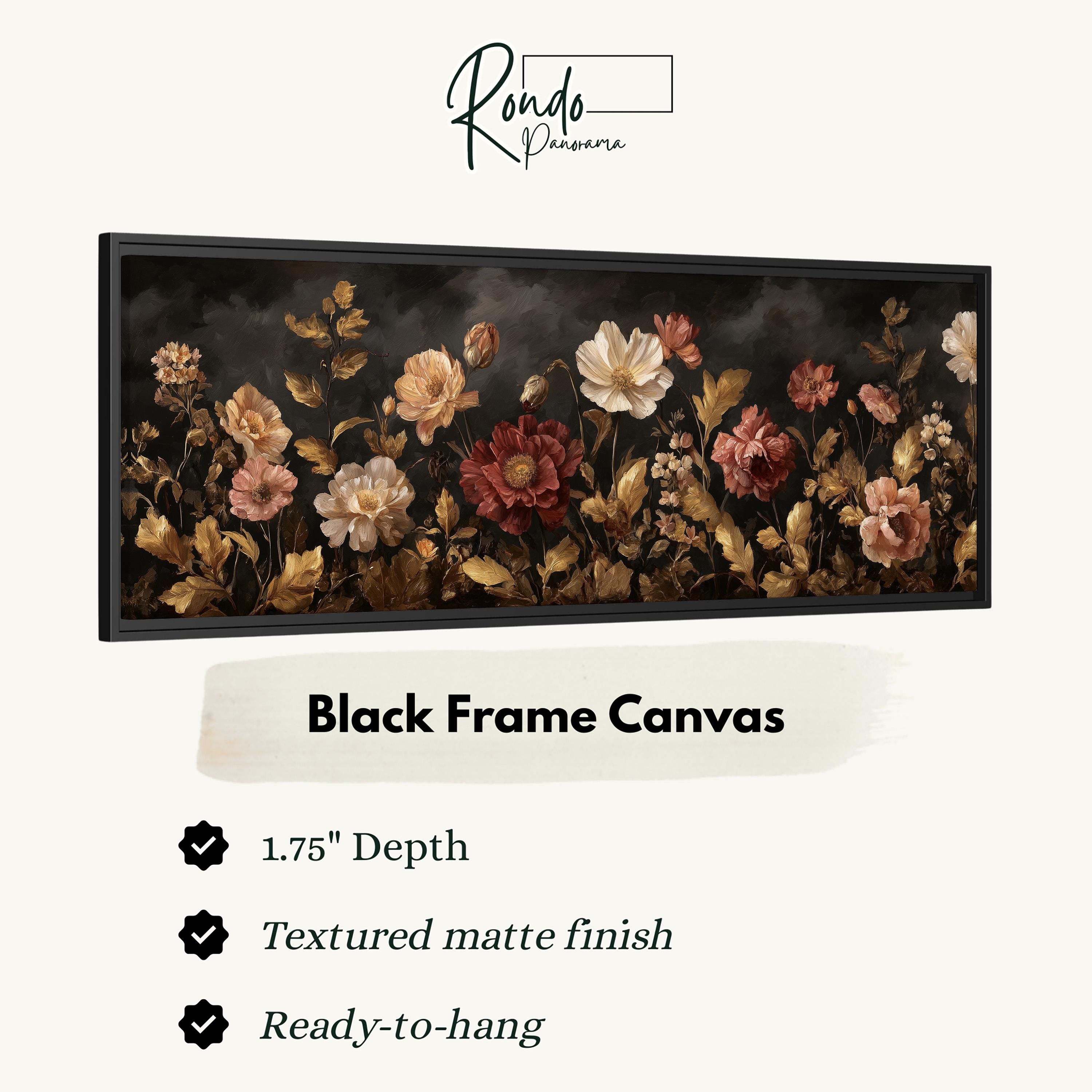 The image is a black frame canvas featuring a painting of a field of flowers with a textured matte finish.