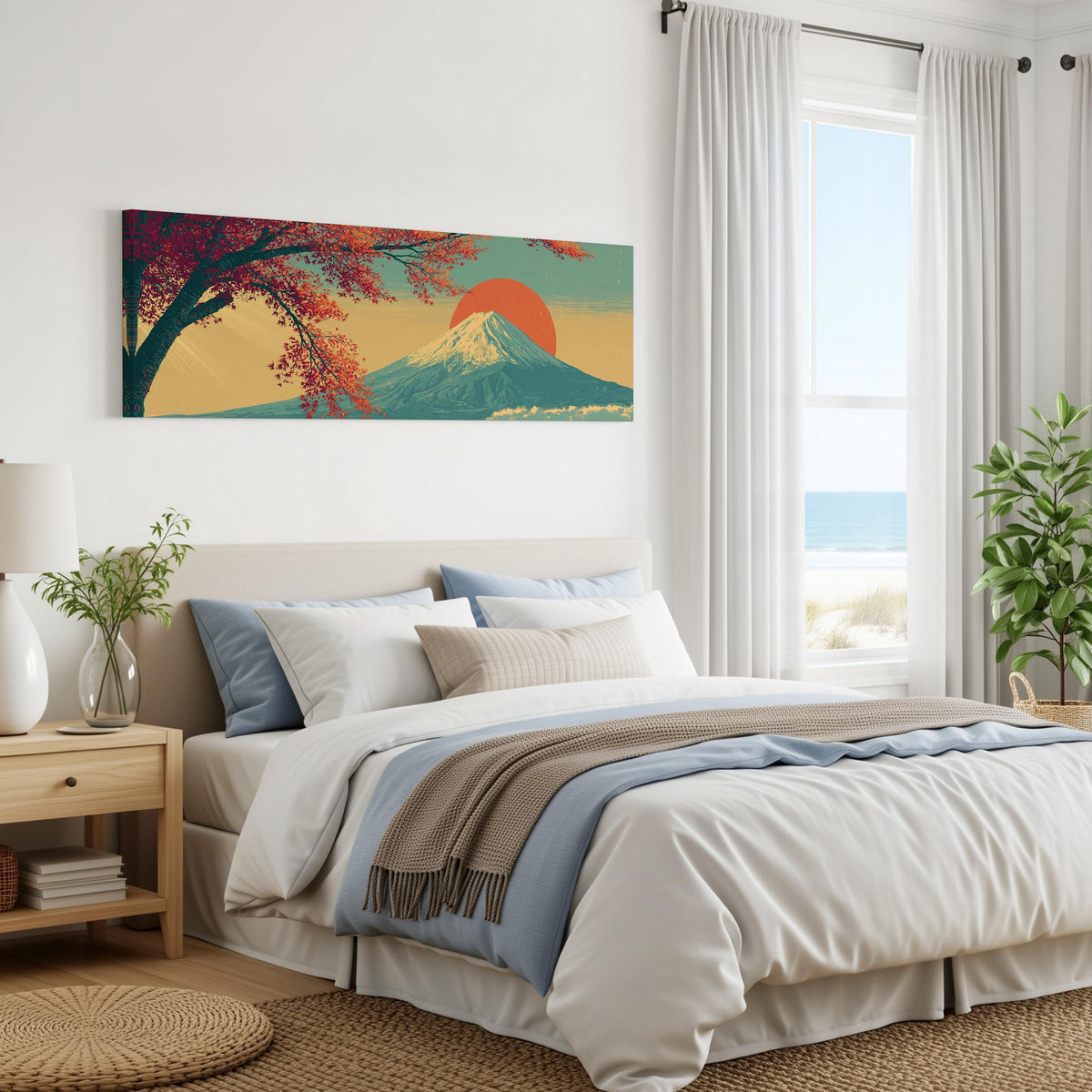 Autumn maple branch and Mount Fuji at sunset panoramic canvas print above a bed in a coastal bedroom