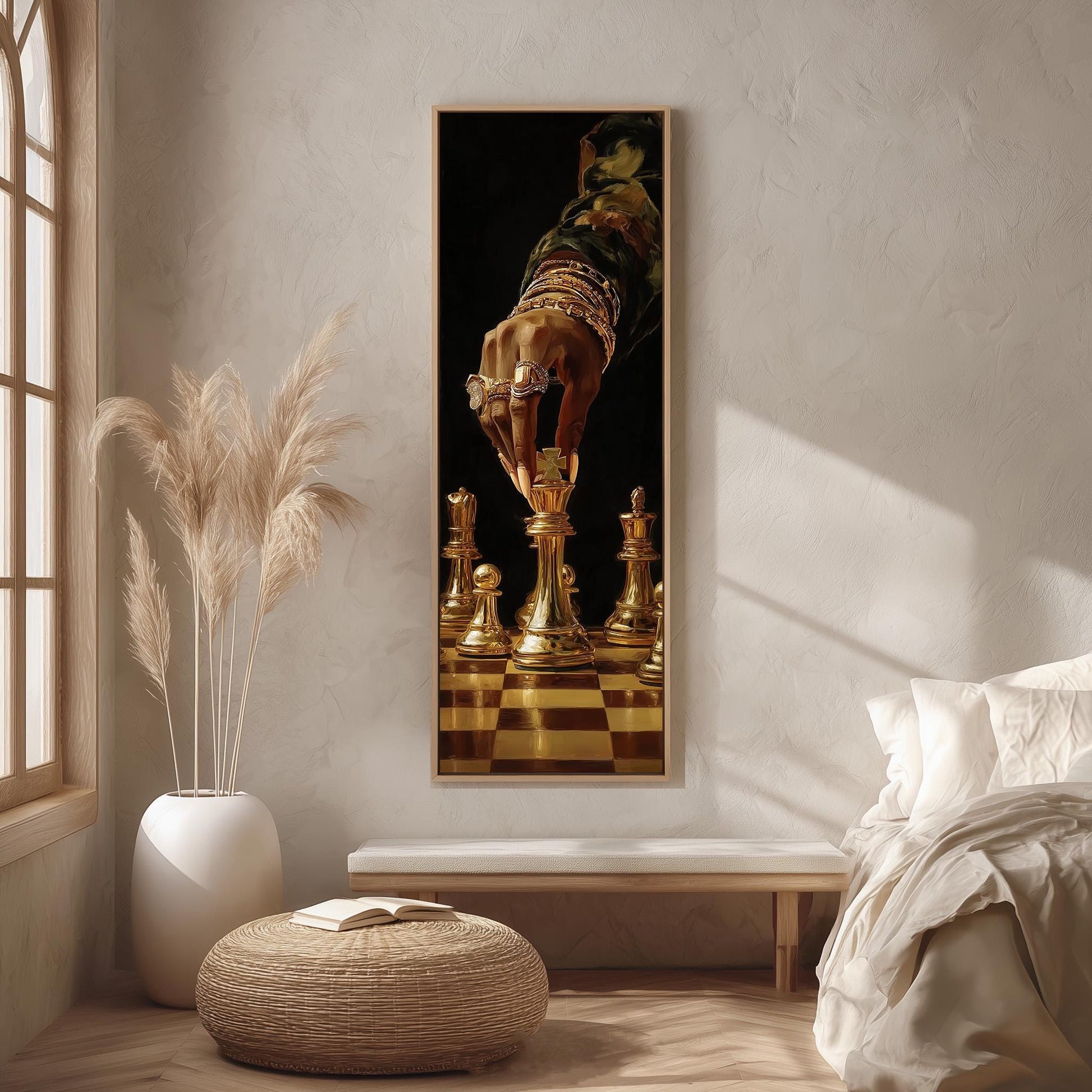a large painting of a hand holding a chess piece, with a chessboard in the background, hanging on a wall in a room with a bed, a potted plant, and a window.