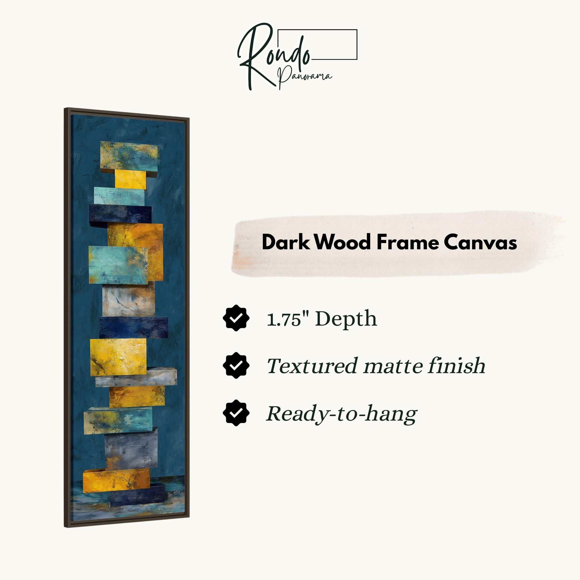 The image is a product description for a dark wood frame canvas. It features a vertical piece of art with a textured finish and a depth of 1.75 inches. The canvas is ready to hang and has a textured matte finish.