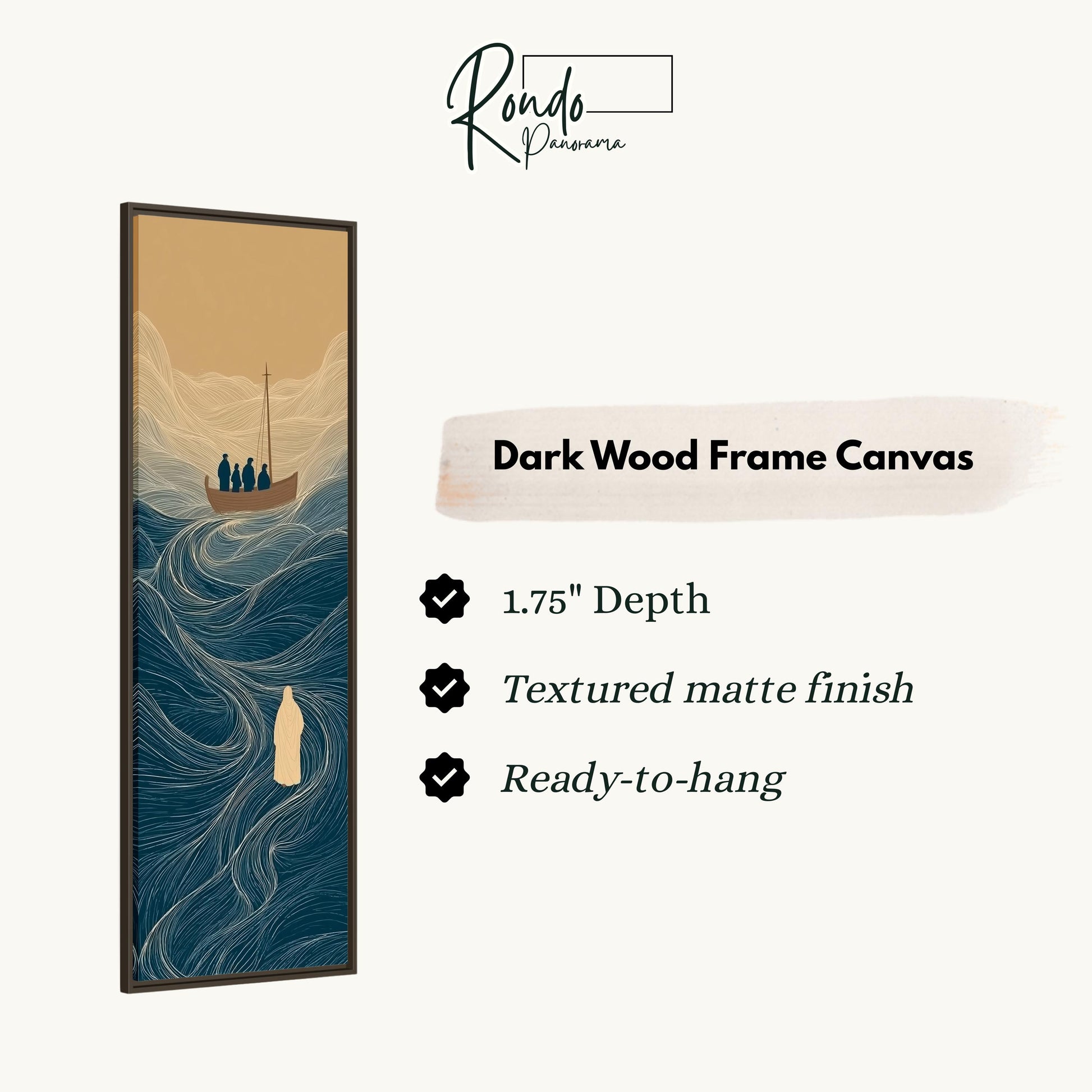 The image is a rectangular dark wood frame canvas depicting a boat on a body of water.