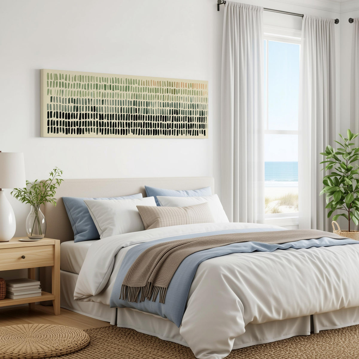 Brushmark dashes fading from sage to charcoal panoramic canvas print above a bed in a coastal bedroom
