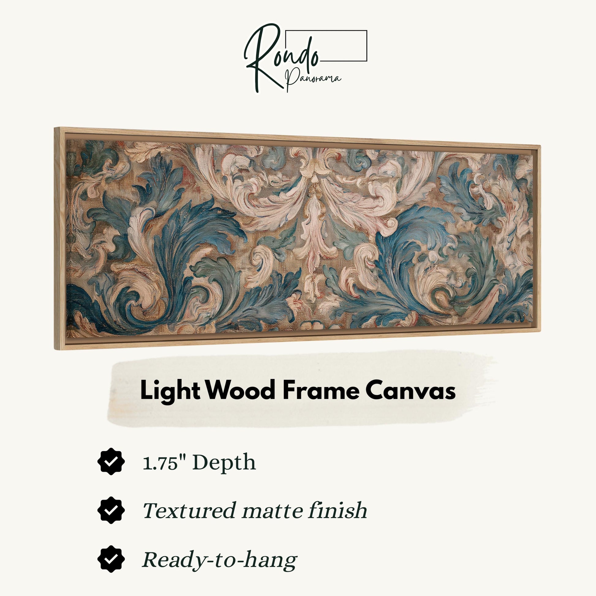 a large, ornate, and intricately designed wooden frame canvas with a 1.75" depth. The canvas has a textured matte finish and is ready to hang.