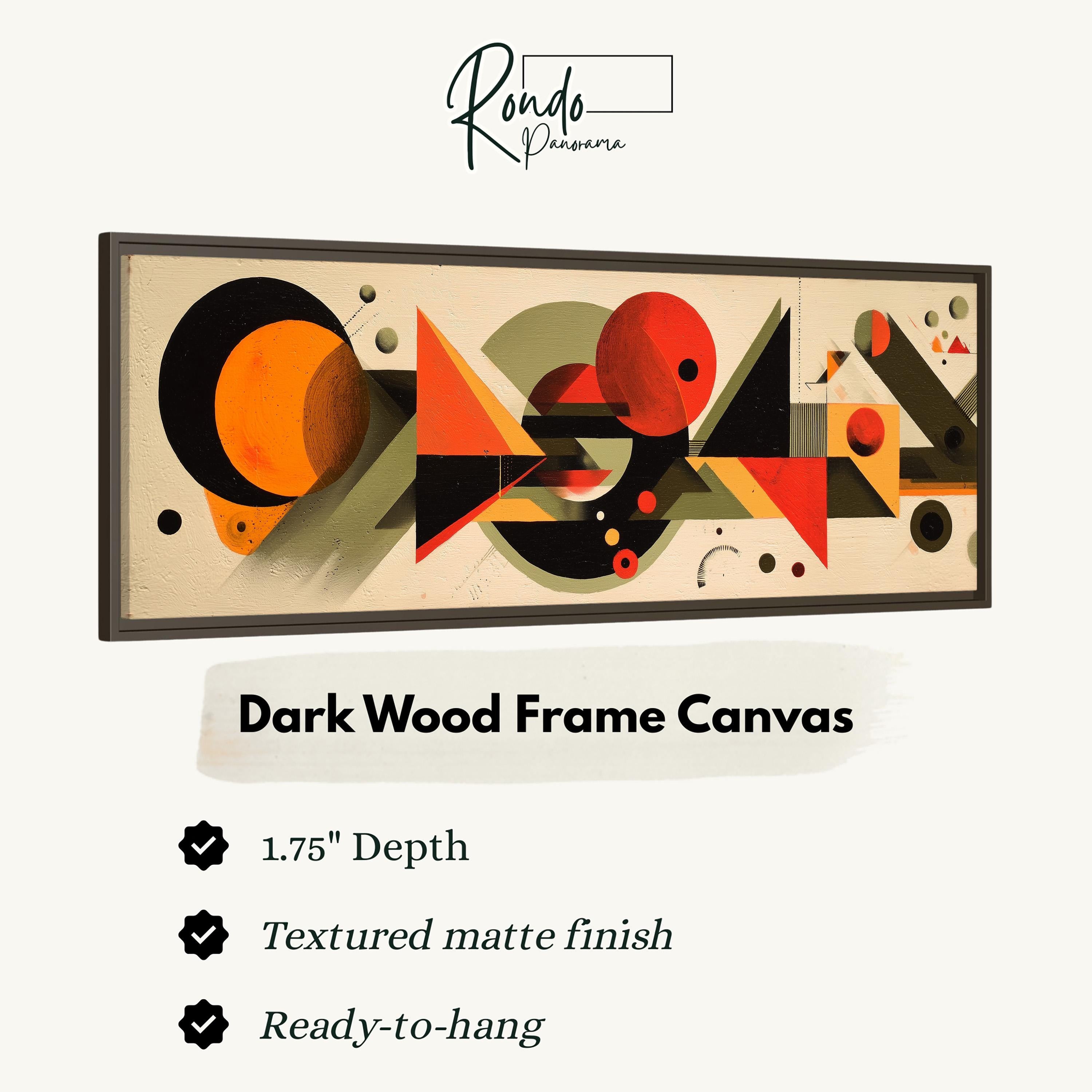 The image is a framed artwork featuring abstract geometric shapes and patterns in various colors, including orange, black, and red.