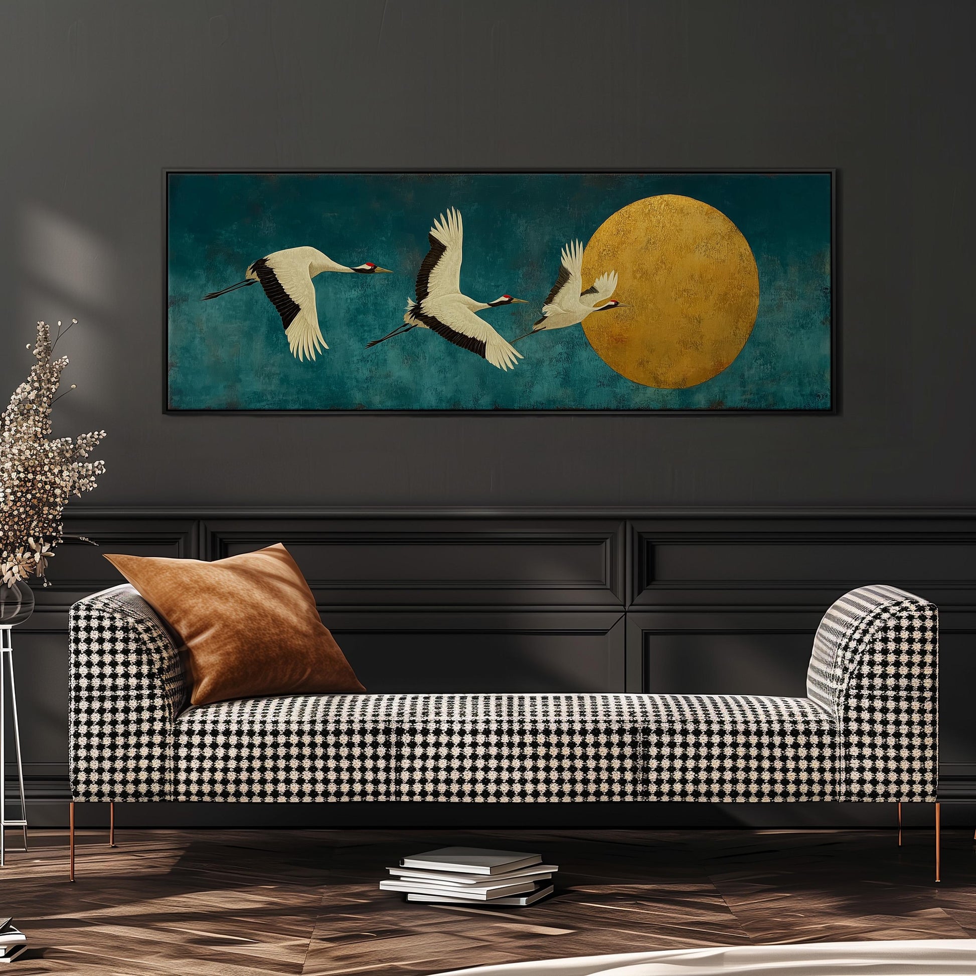 a large painting of three white birds in flight against a blue background, with a large yellow circle in the center. The painting is hanging on a wall above a black and white checkered sofa.