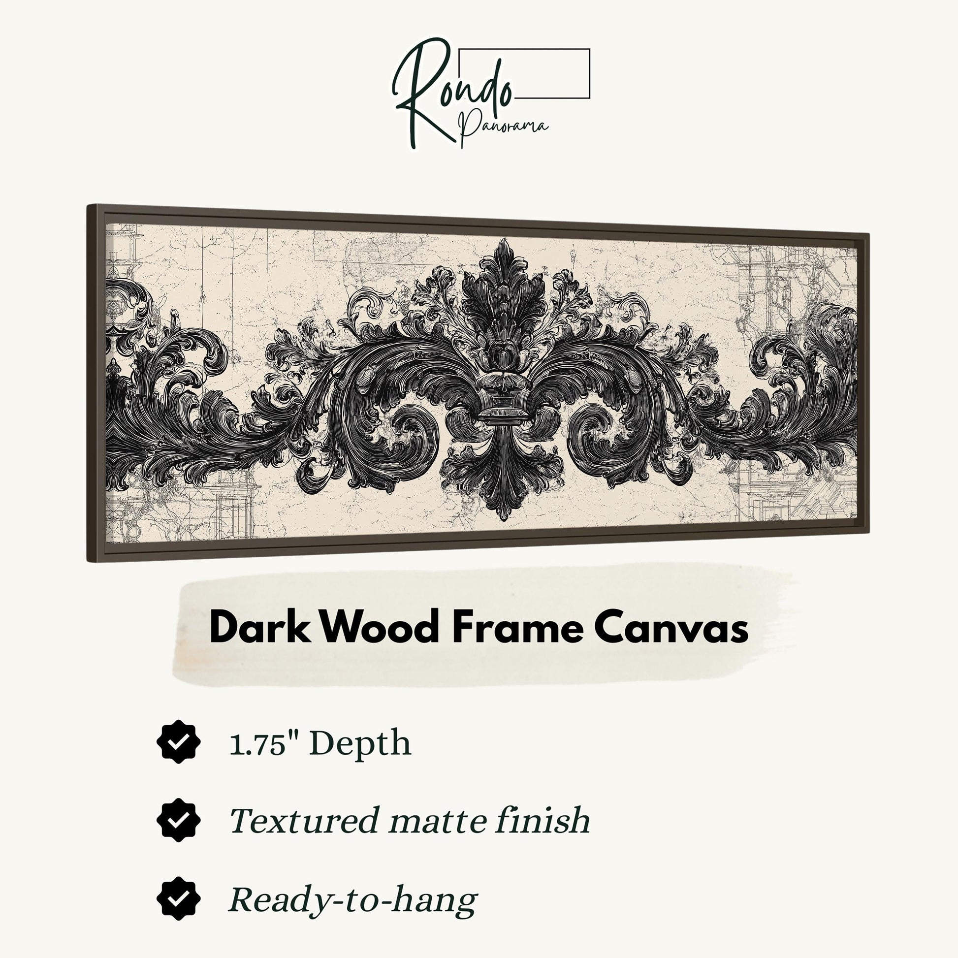 a dark wood frame canvas with an ornate, decorative design.