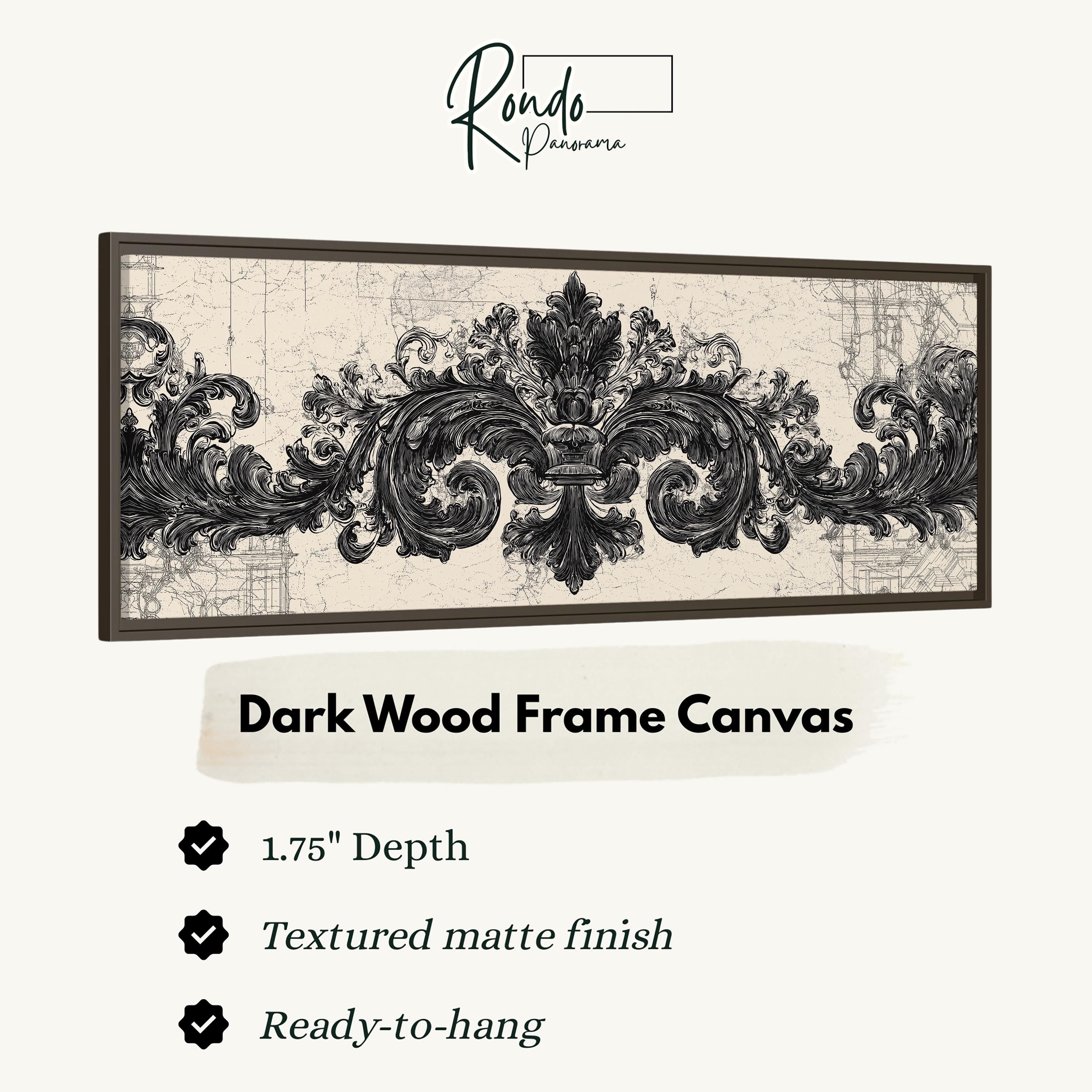 a dark wood frame canvas with an ornate, decorative design.