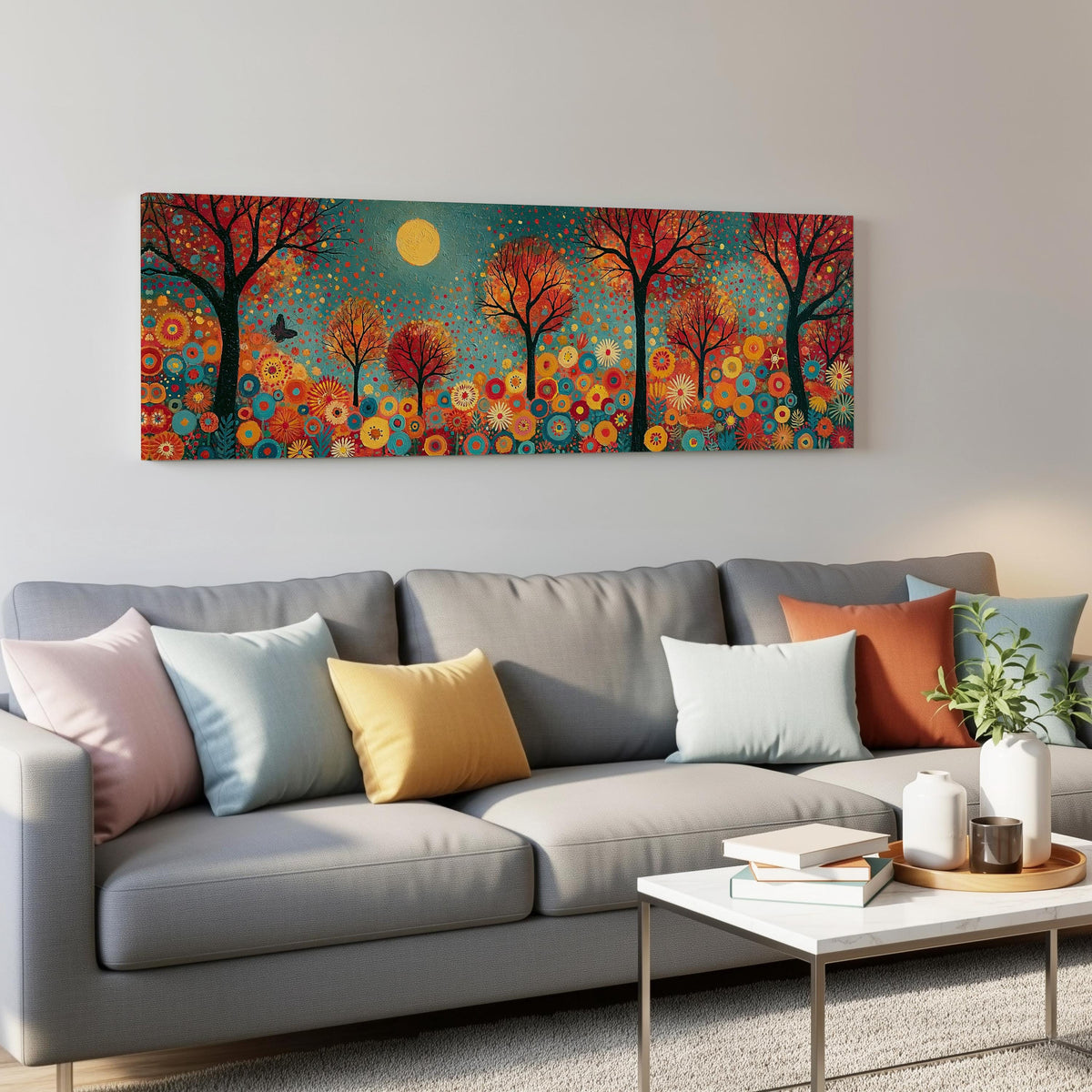 Folk art autumn forest with flowers panoramic canvas print above a grey sofa in a living room