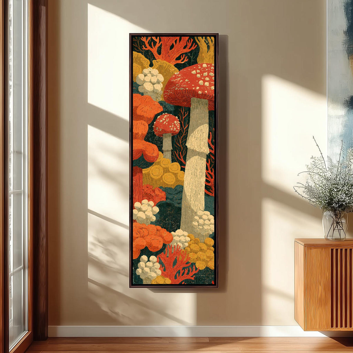 Woodcut style mushroom forest long vertical canvas print in a sunlit living space