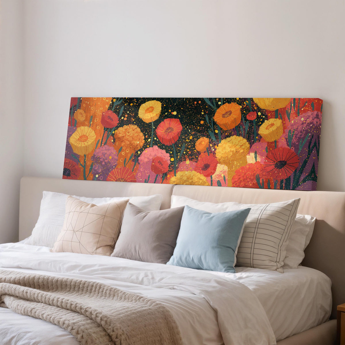 Confetti poppy field wide panoramic canvas print above a bed in a bedroom