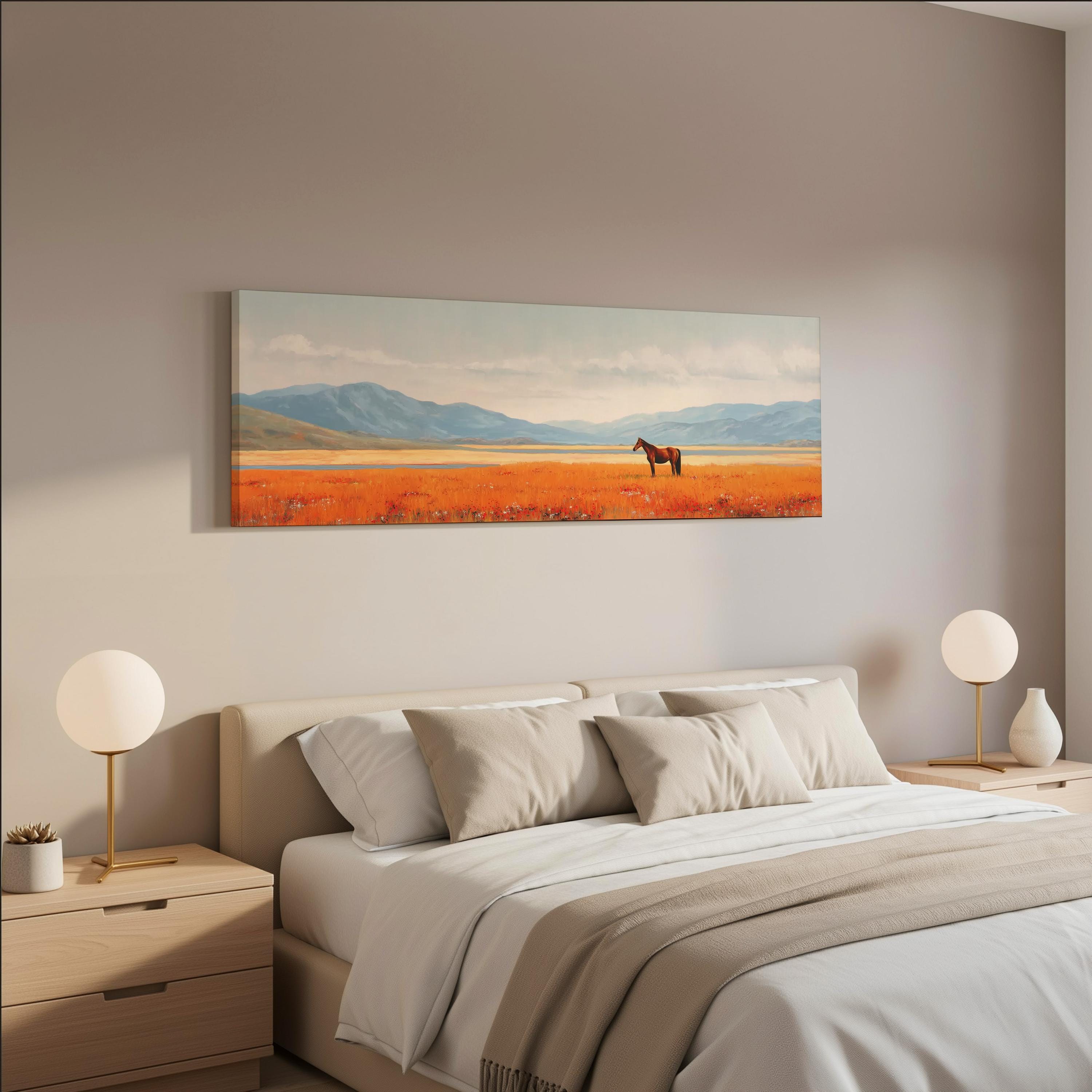 a serene bedroom scene with a large bed, two nightstands with lamps, and a painting of a horse in a field of flowers hanging on the wall above the bed.