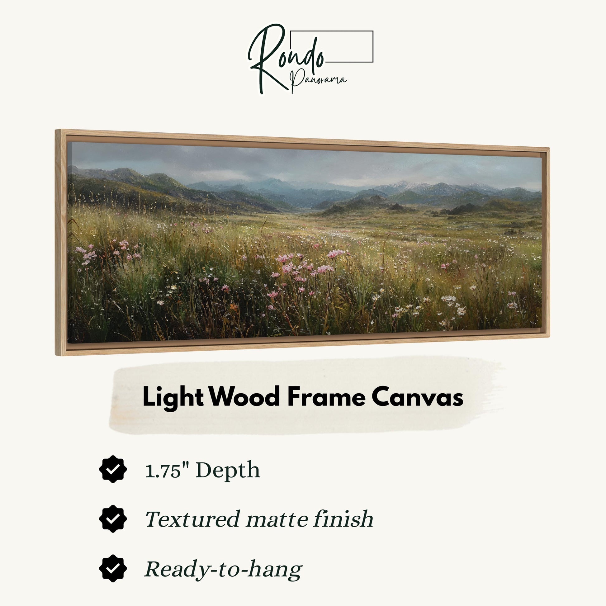The image is a framed landscape painting depicting a field of flowers with mountains in the background.