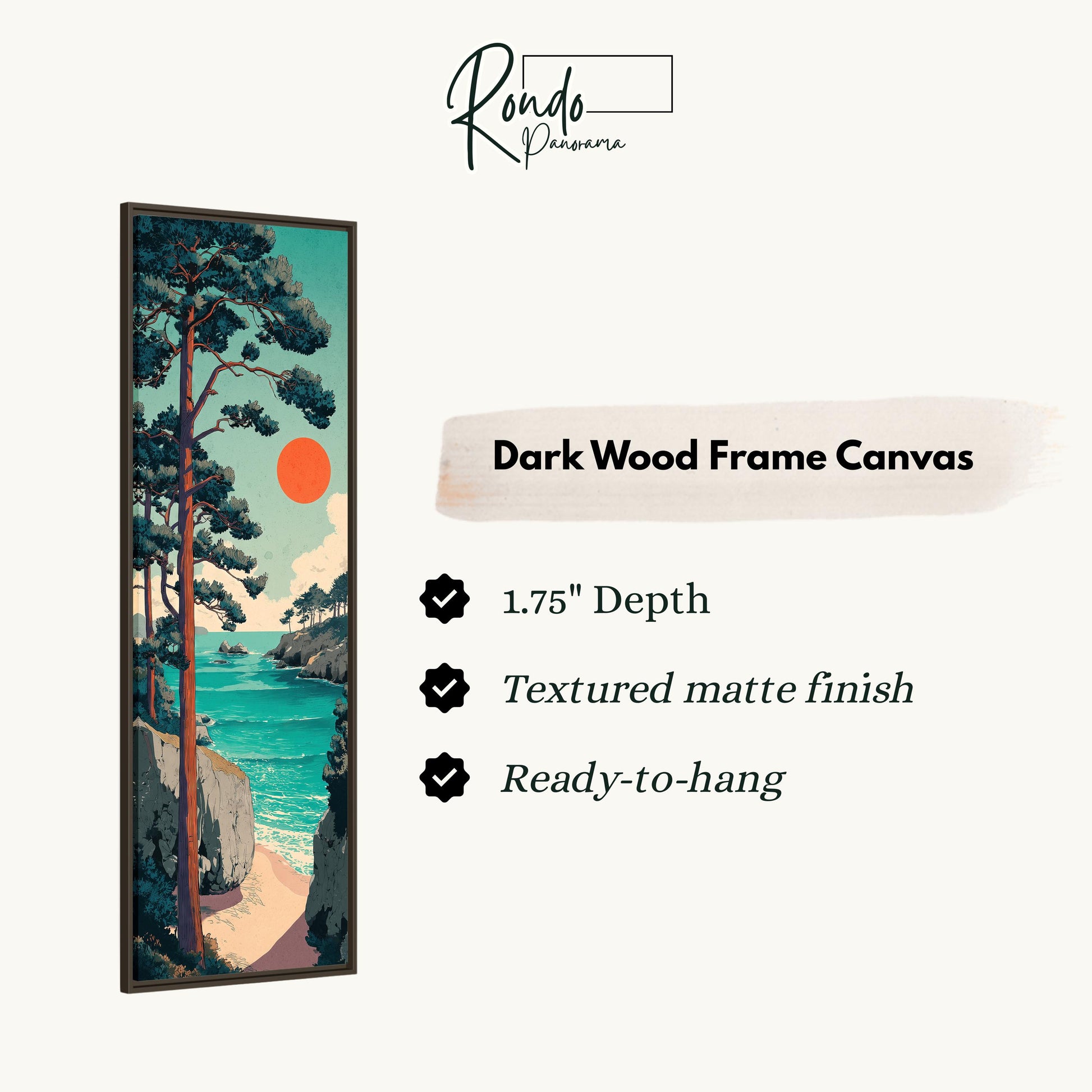 The image is a dark wood frame canvas depicting a serene landscape with a beach, trees, and a sunset.