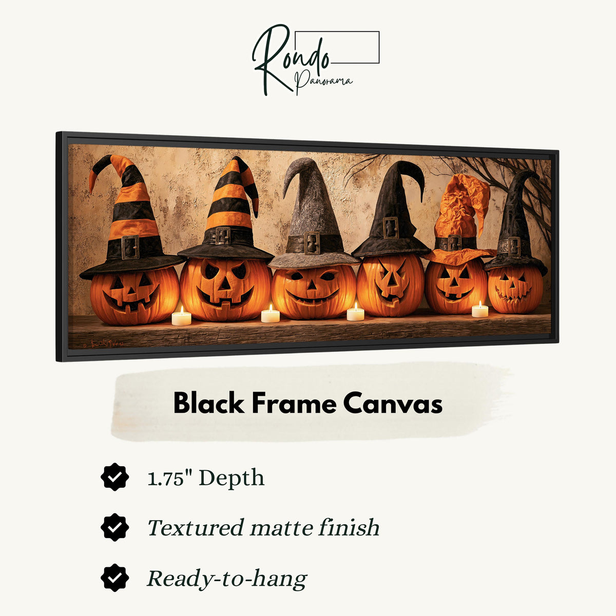 Jack-o'-lanterns wearing witch hats by candlelight canvas print in a black floating frame