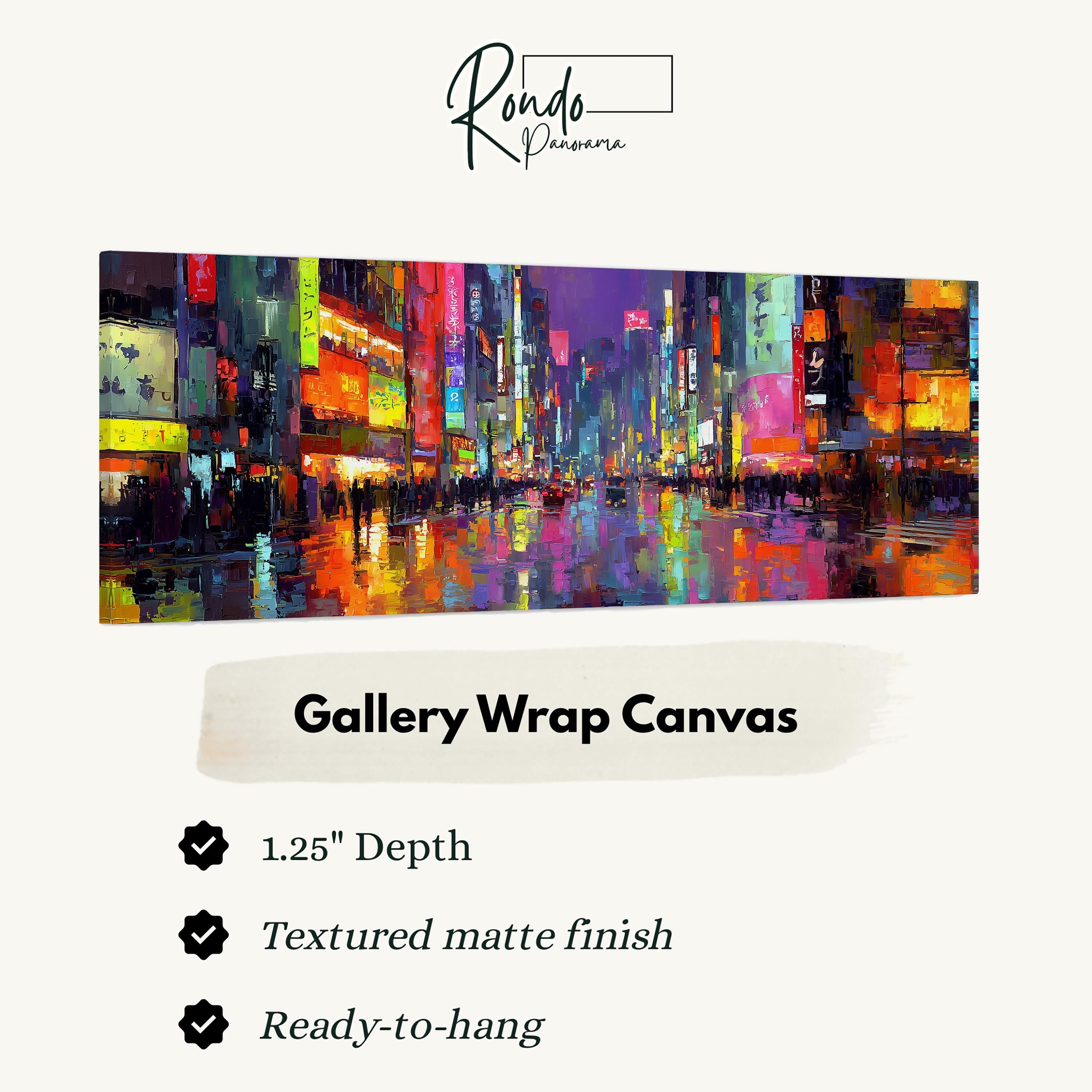 The image is a colorful painting of a city street at night, featuring tall buildings and bright lights.