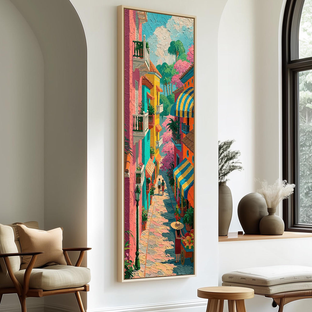 Colorful street with balconies and awnings tall skinny canvas print in a sunlit living space