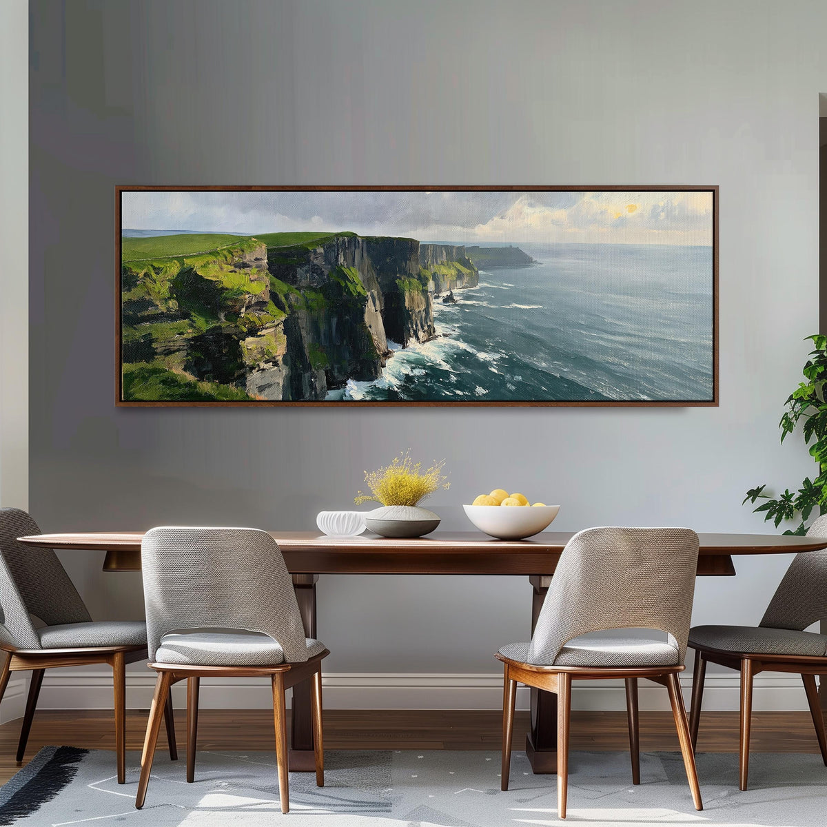 Emerald sea cliffs long horizontal canvas print above a dining table