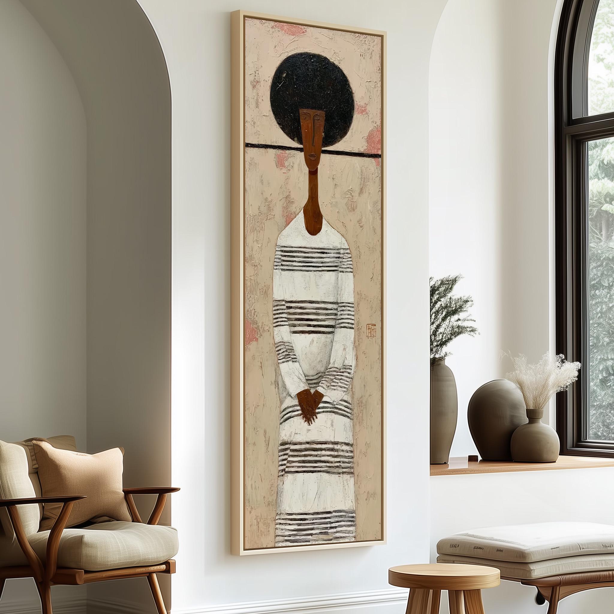 a large painting of a woman with a black afro hairstyle, wearing a striped dress, hanging on a white wall in a room with a wooden chair and a small table.