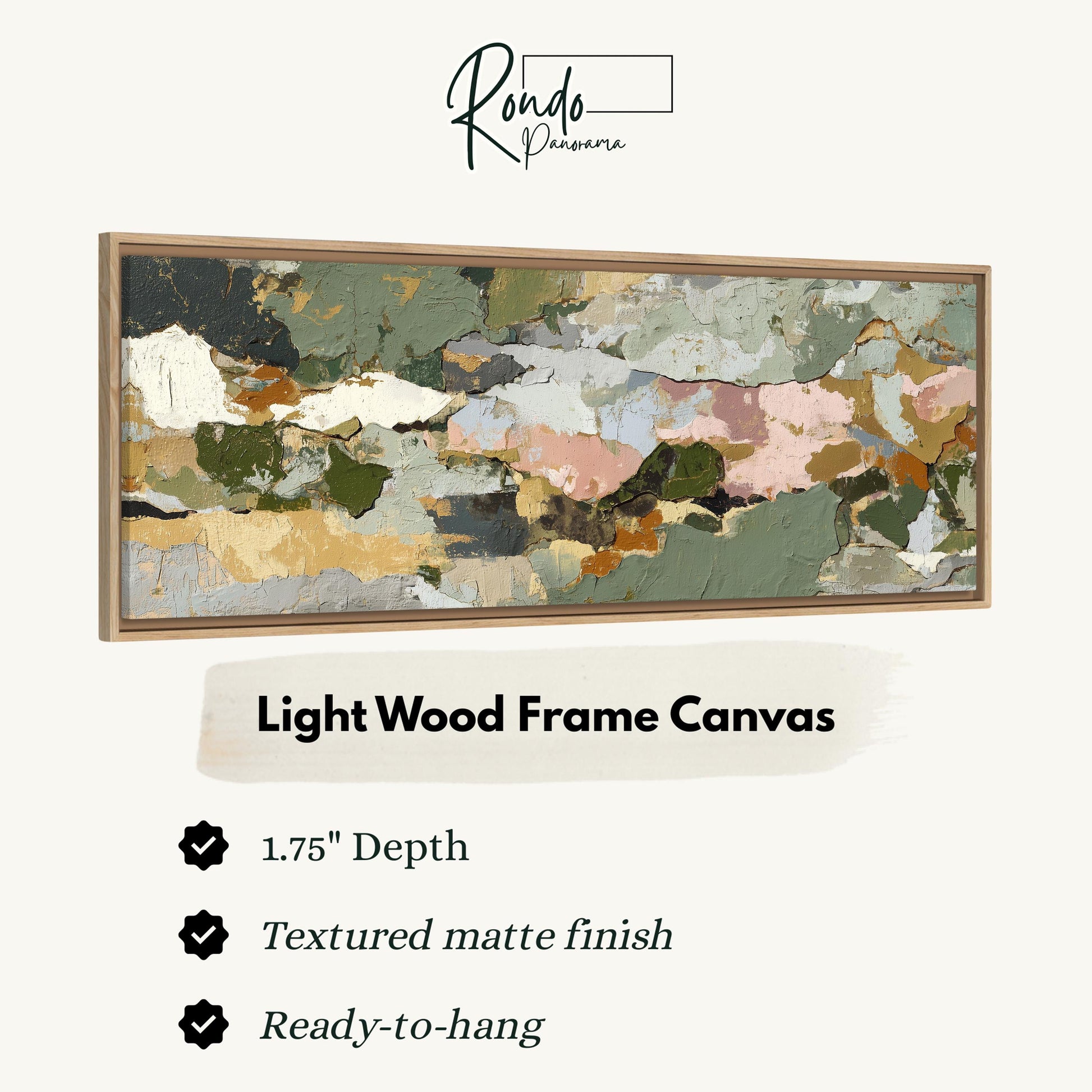 The image is a light wood frame canvas with a textured matte finish, measuring 1.75" in depth. It is ready to hang and has a textured matte finish.