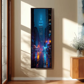 a city street at night, with the illuminated Empire State Building standing tall in the background. The street is illuminated by colorful lights, creating a vibrant and lively atmosphere.