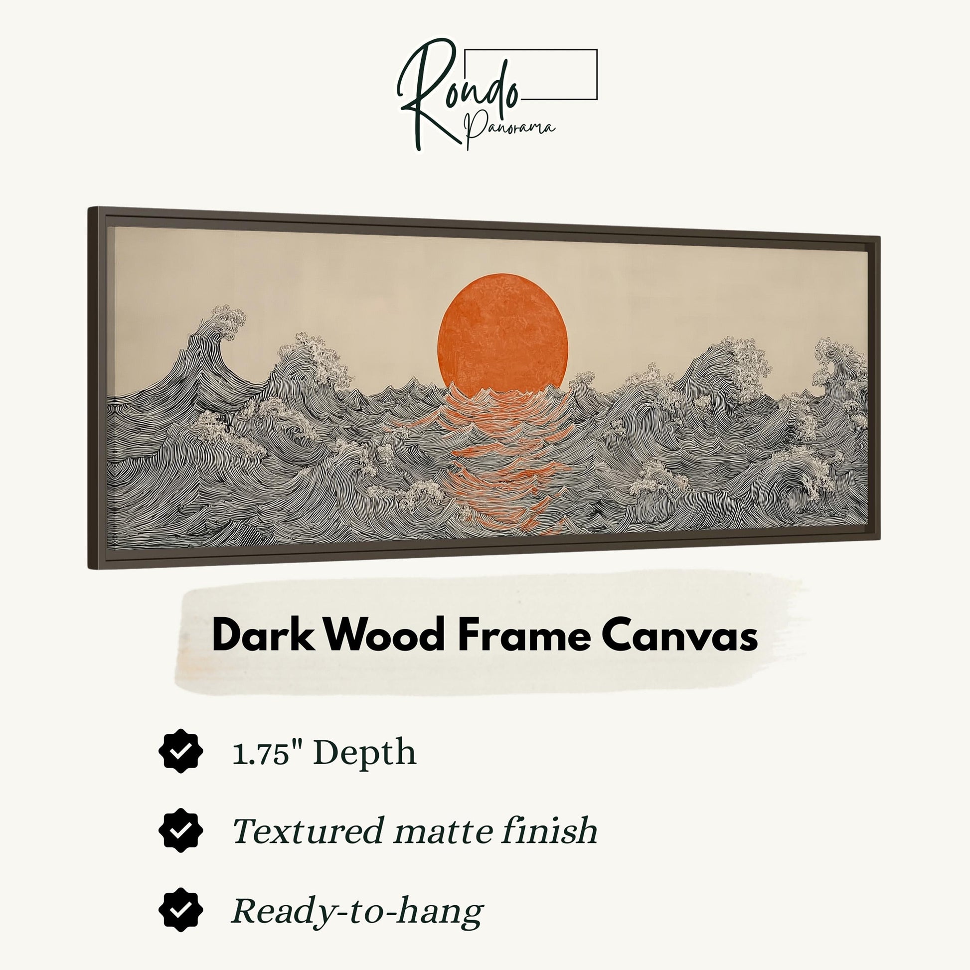 The image is a framed artwork depicting a sunset over a large body of water, with waves crashing around it.