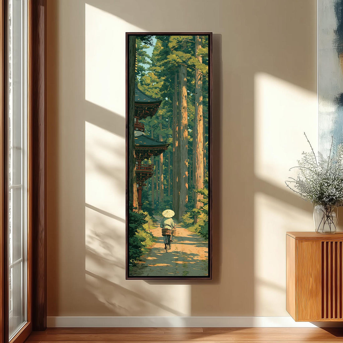 Walker on a cedar forest path by a pagoda long vertical canvas print in a sunlit living space