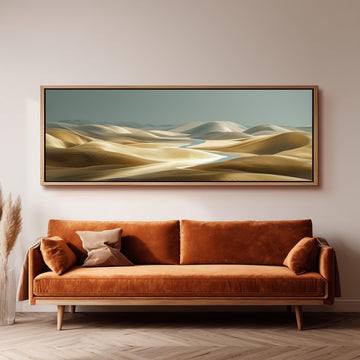 a large, framed painting of a desert landscape hanging on a wall above a brown sofa with orange cushions.