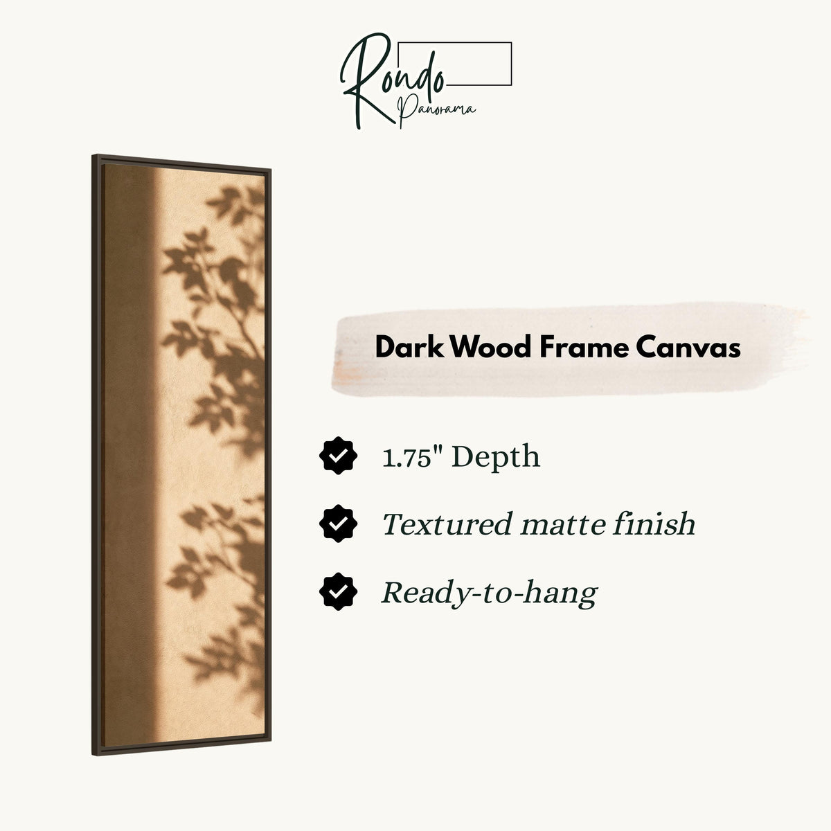 Leaf shadows on a warm tan wall canvas print in a dark wood floating frame