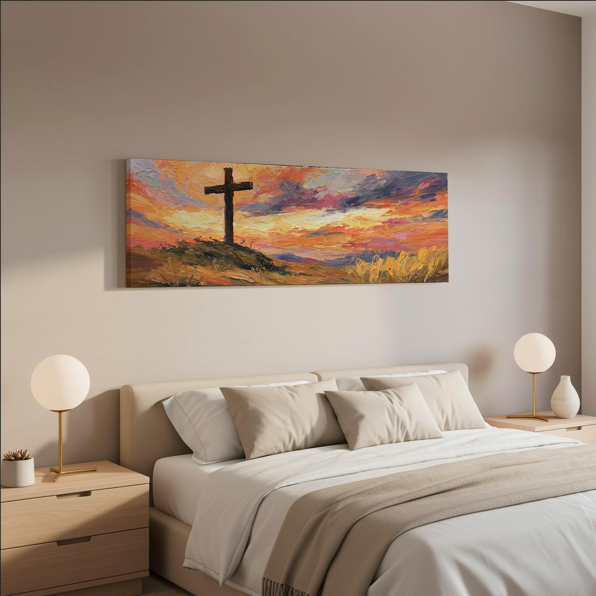 Cross on a hill at sunset wide panoramic canvas print above a bed in a neutral bedroom