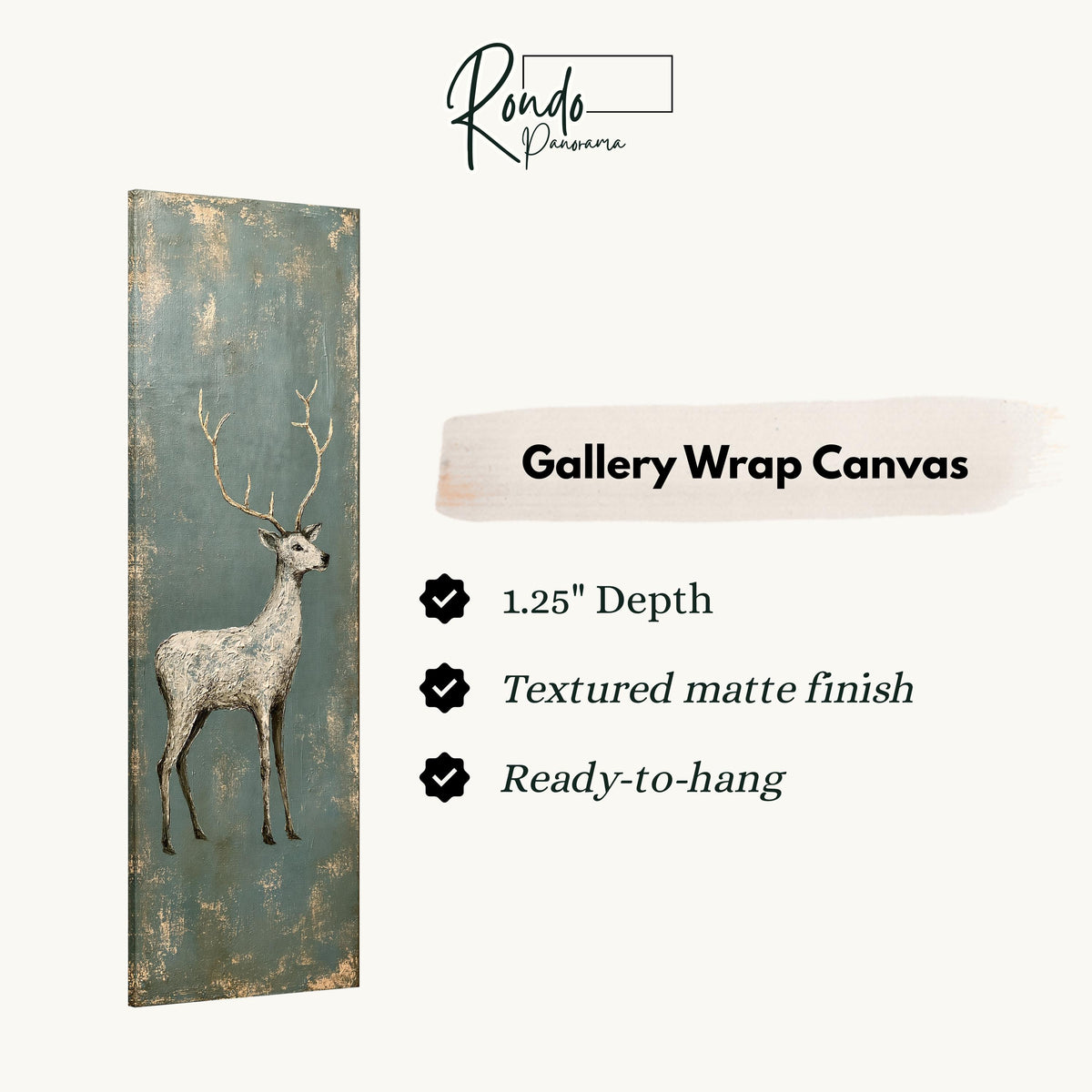 Pale stag with gold antlers on distressed teal gallery wrap canvas with the image wrapped around the edges