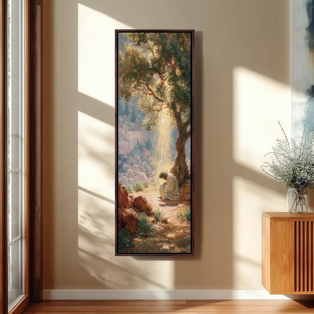 Jesus praying in a sunlit garden long vertical canvas print in a sunlit living space