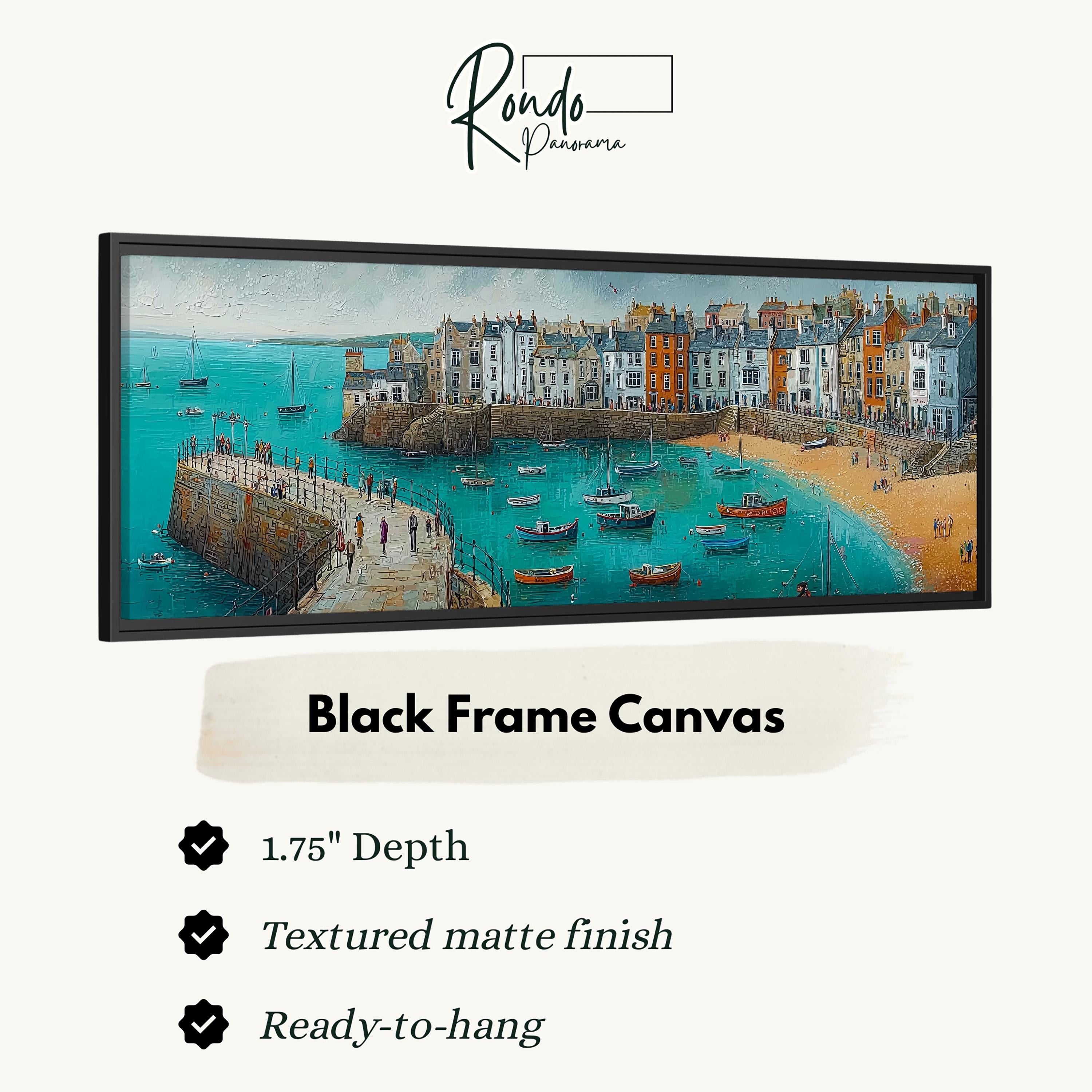 The image is a black frame canvas depicting a coastal town with boats on the water.