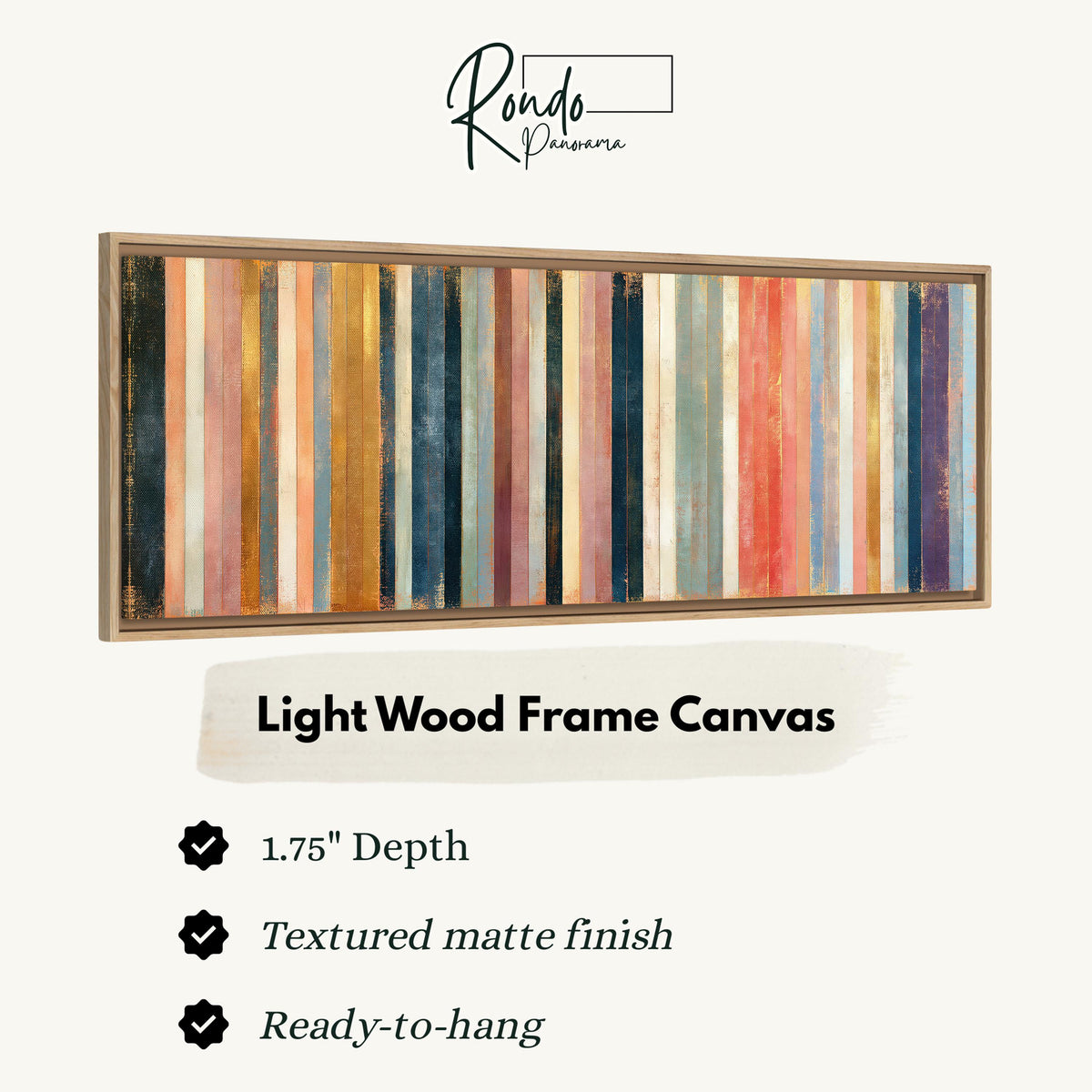 Blush, navy and gold gilded stripes canvas print in a light wood floating frame